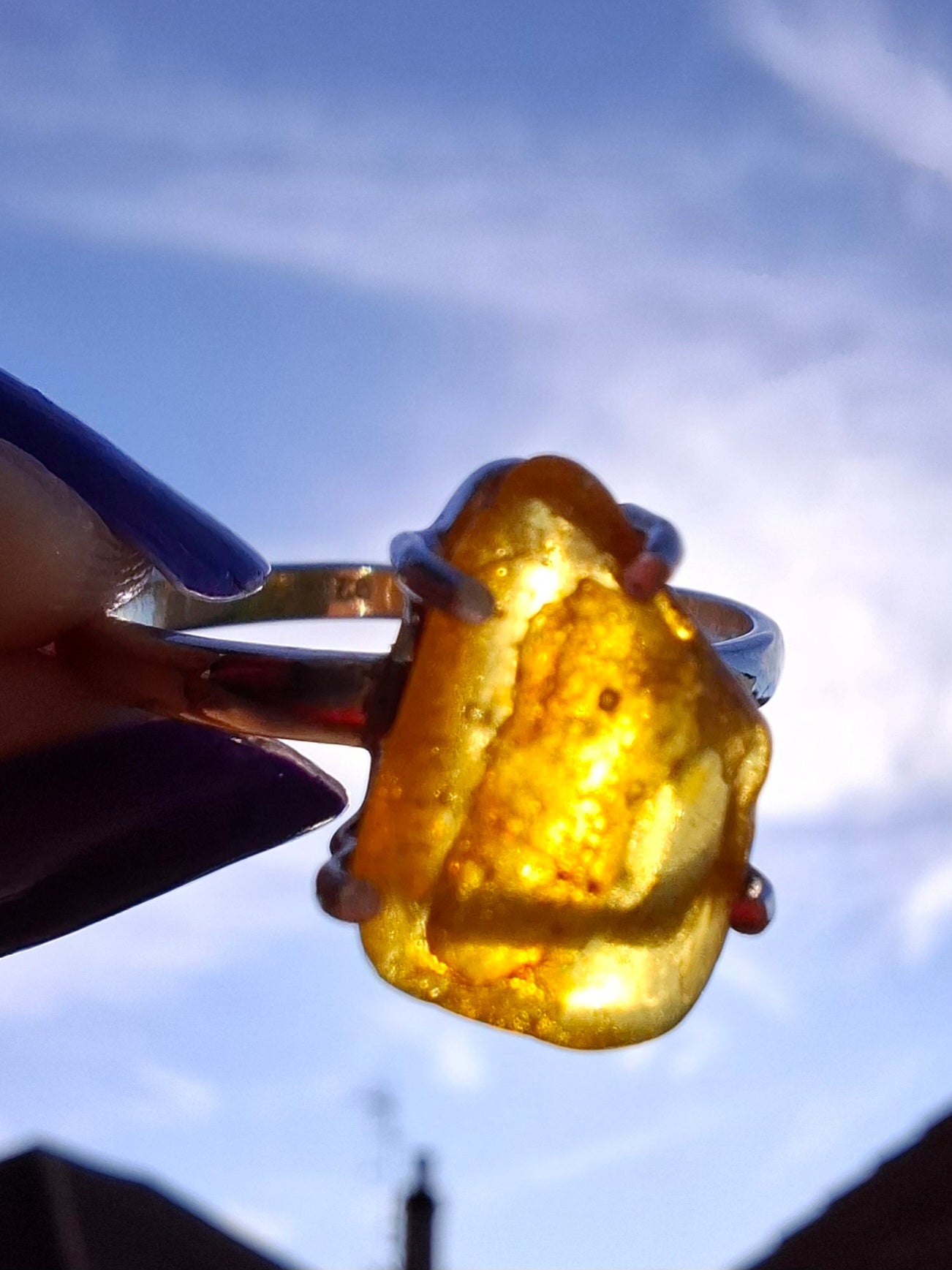 Baltic Amber Ring, size large R, 925 Silver, Fossil (Ref: AR15)