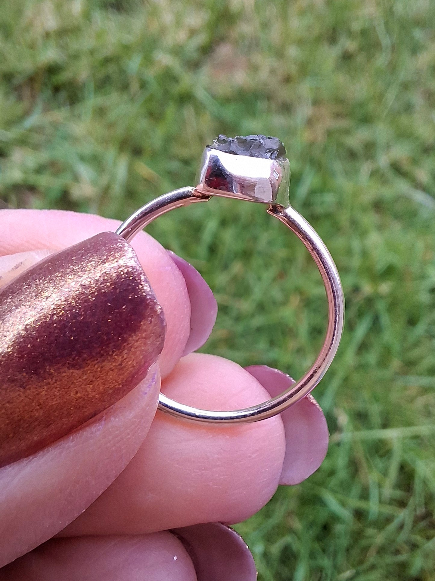 Moldavite Ring, Size small L, 925 Silver, Tektite (Ref: R34)