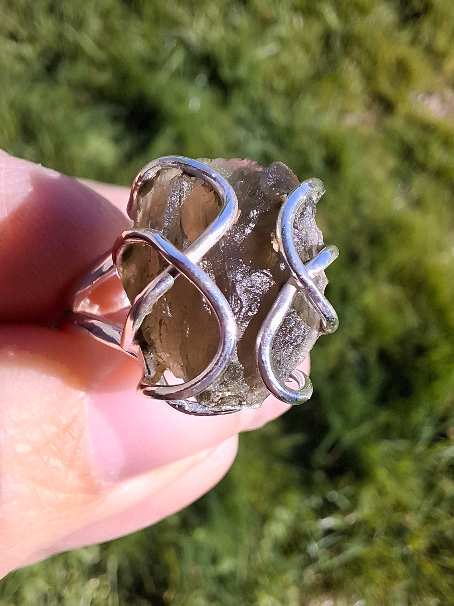 Moldavite Ring, size S, 925 Silver, Tektite (Ref: R12)