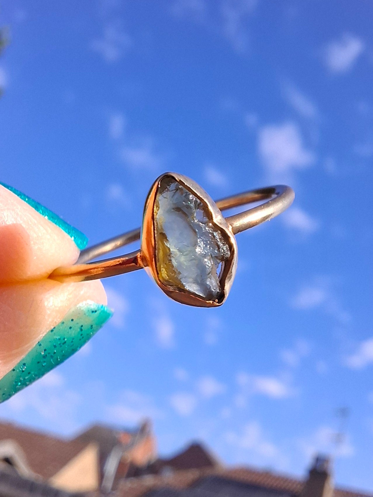 Moldavite Ring, 14K GOLD Plated, size large T, Tektite (Ref: R347)