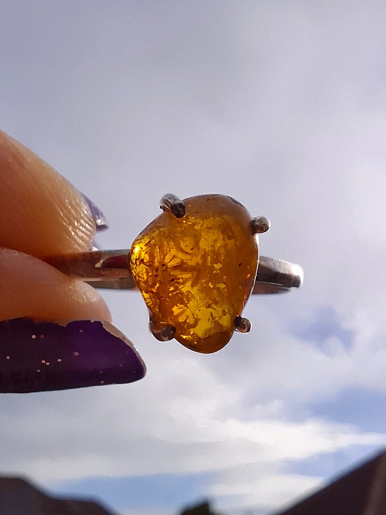 Baltic Amber Ring, size large Y, 925 Silver, Fossil (Ref: AR37)