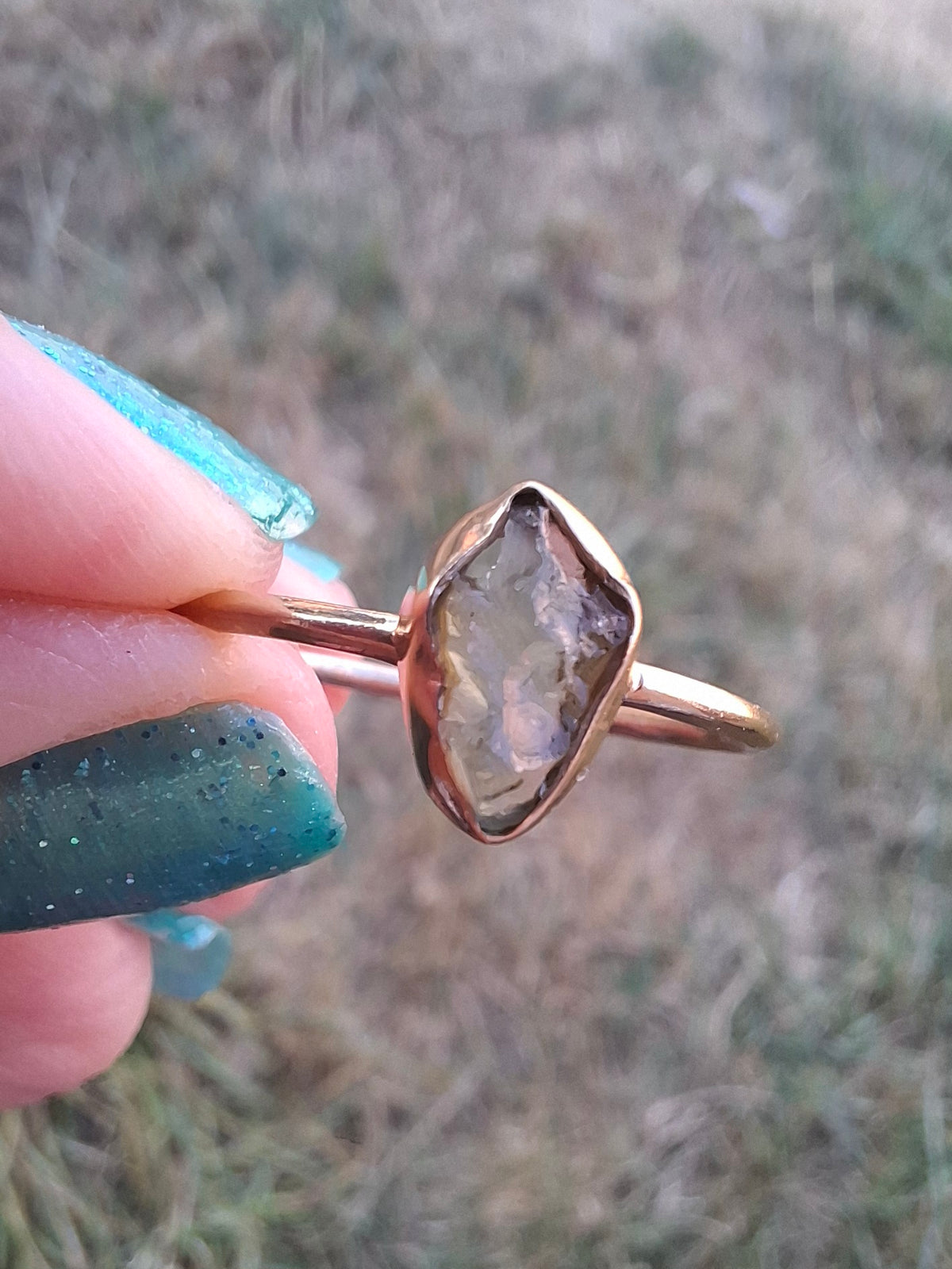 Moldavite Ring, 14K GOLD Plated, size large T, Tektite (Ref: R347)