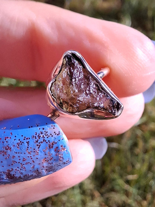 Moldavite Ring, size large M, 925 Silver, Tektite (Ref: R23)