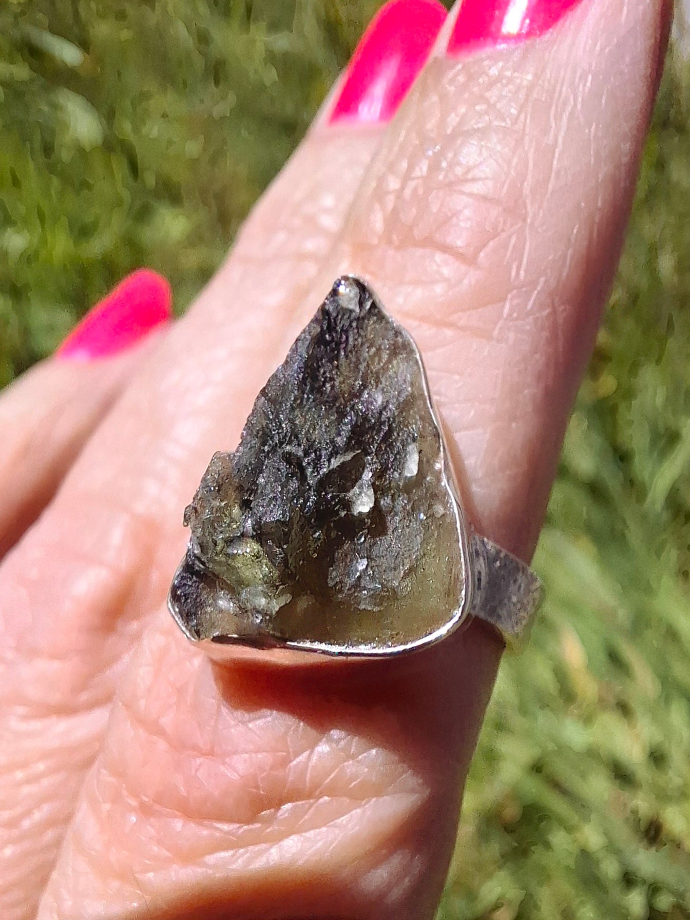 Moldavite Ring, size small K, 925 Silver, Tektite (Ref: R299)