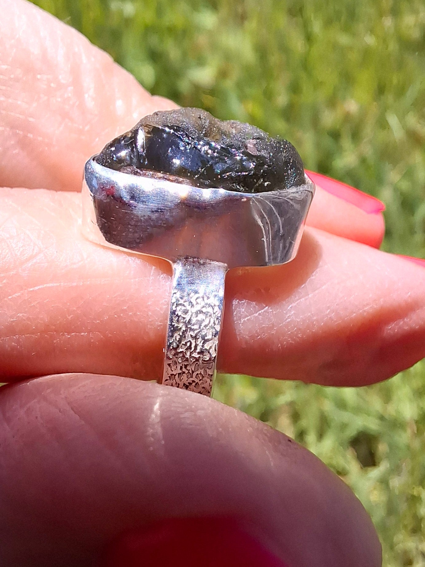 Moldavite Ring, size R, 925 Silver, Tektite (Ref: R317)