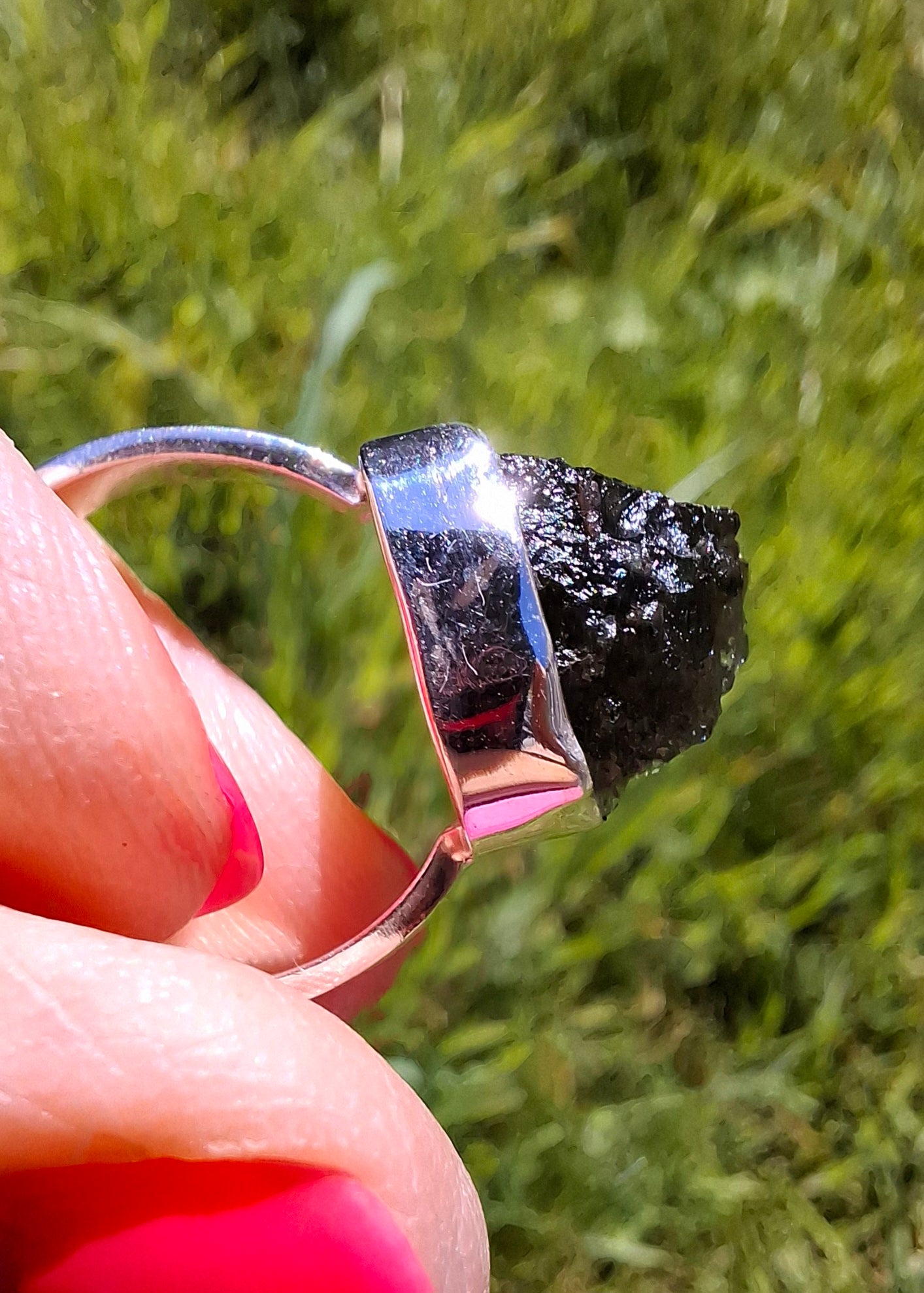 Moldavite Ring, size O, 925 Silver, Tektite (Ref: R312)