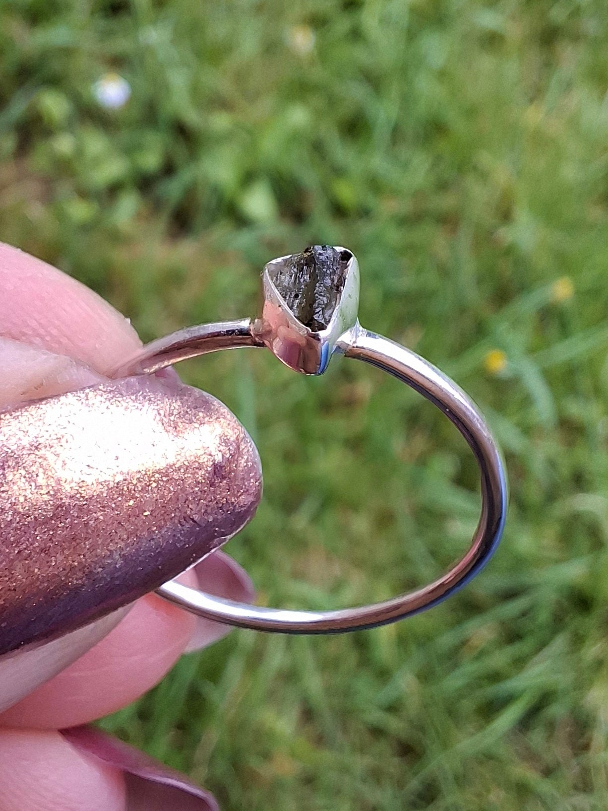 Moldavite Ring, size small T, 925 silver, Tektite (Ref: 56)