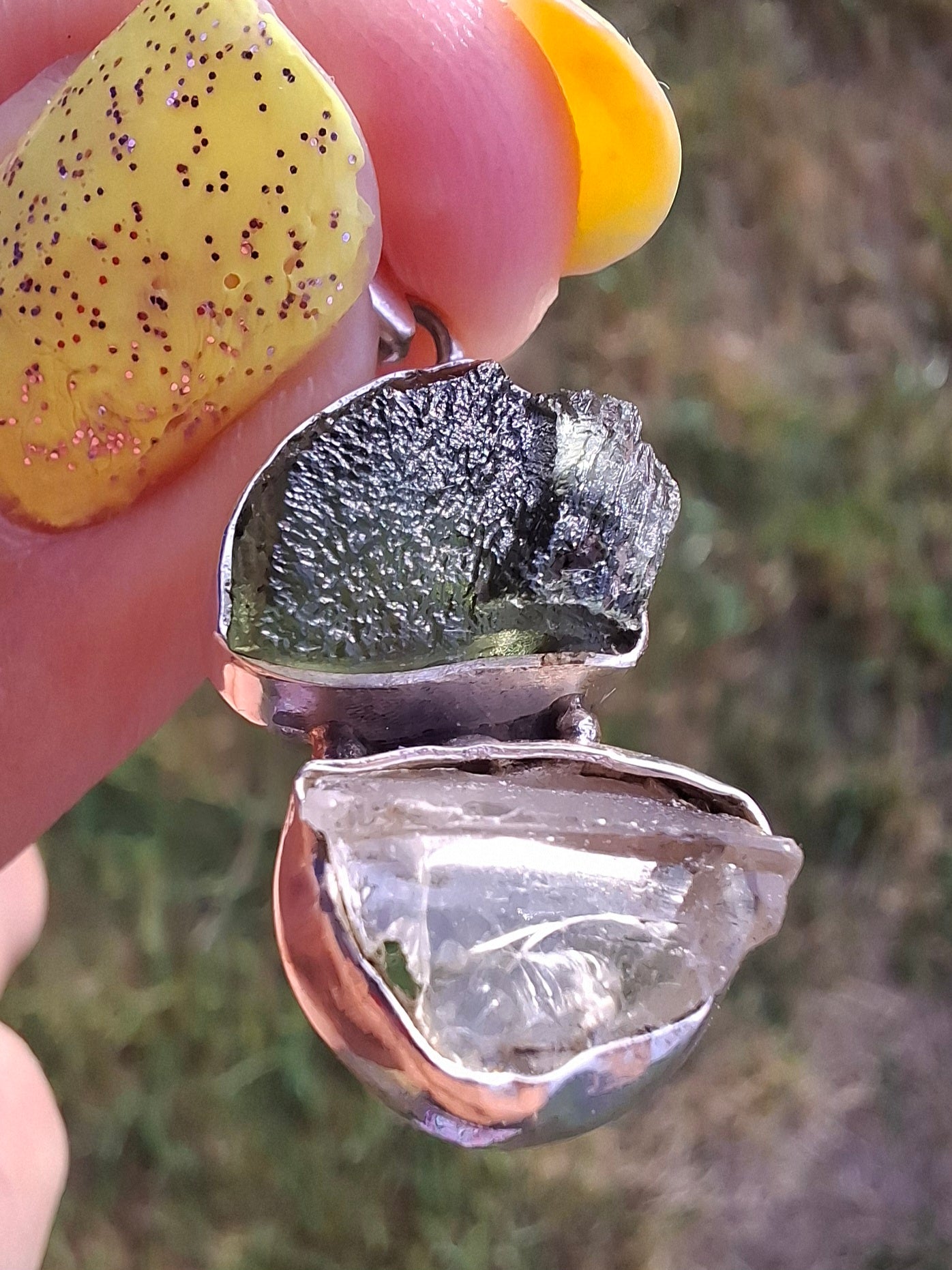 Moldavite & Libyan Desert Glass Pendant, 925 Silver, Tektite (Ref: MLP17)