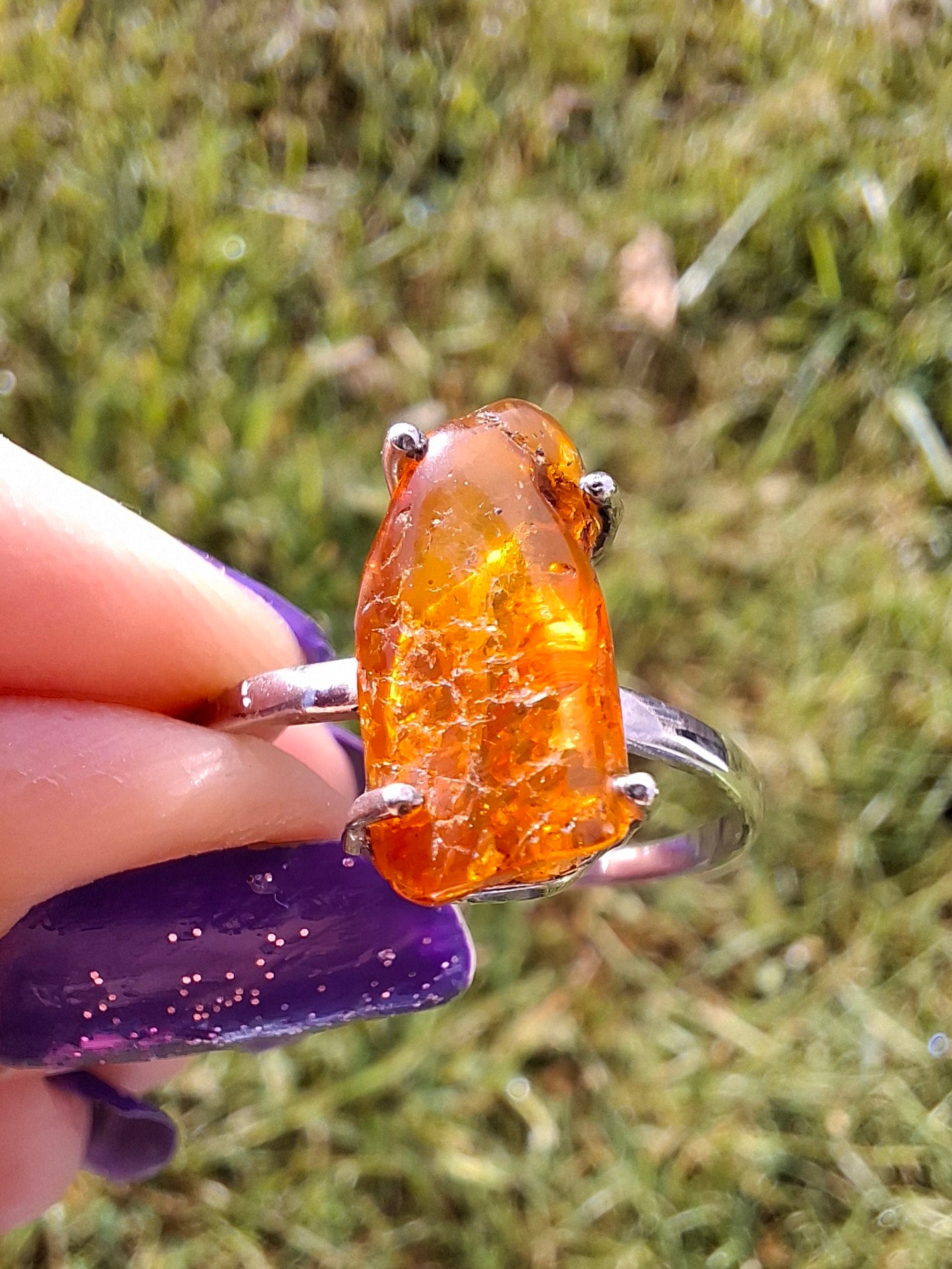 Baltic Amber Ring, size large Y, 925 Silver, Fossil (Ref: AR22)