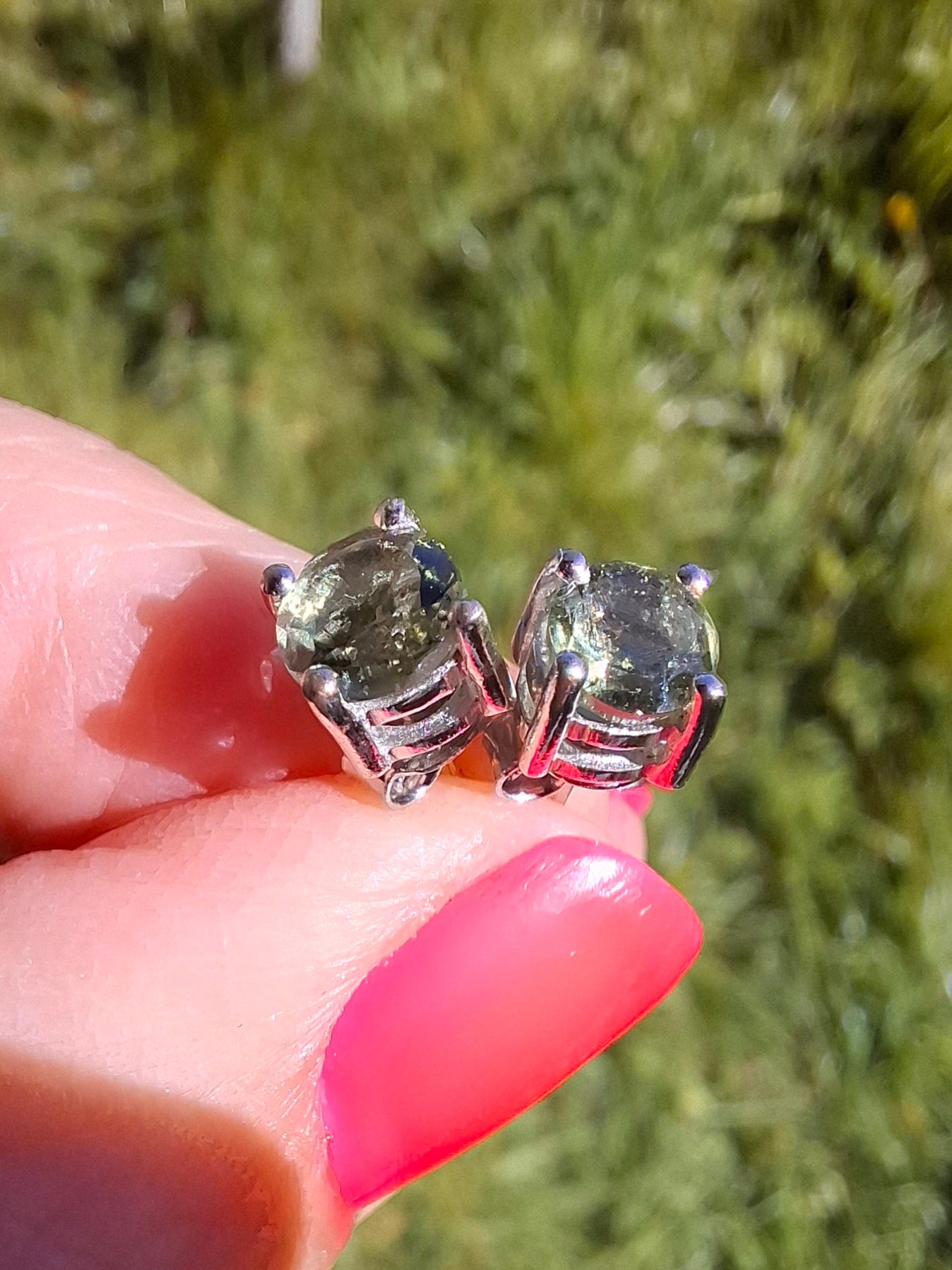 Moldavite (faceted) 5mm STUD EARRINGS, 925 Silver, Tektite (Ref: Pair43)