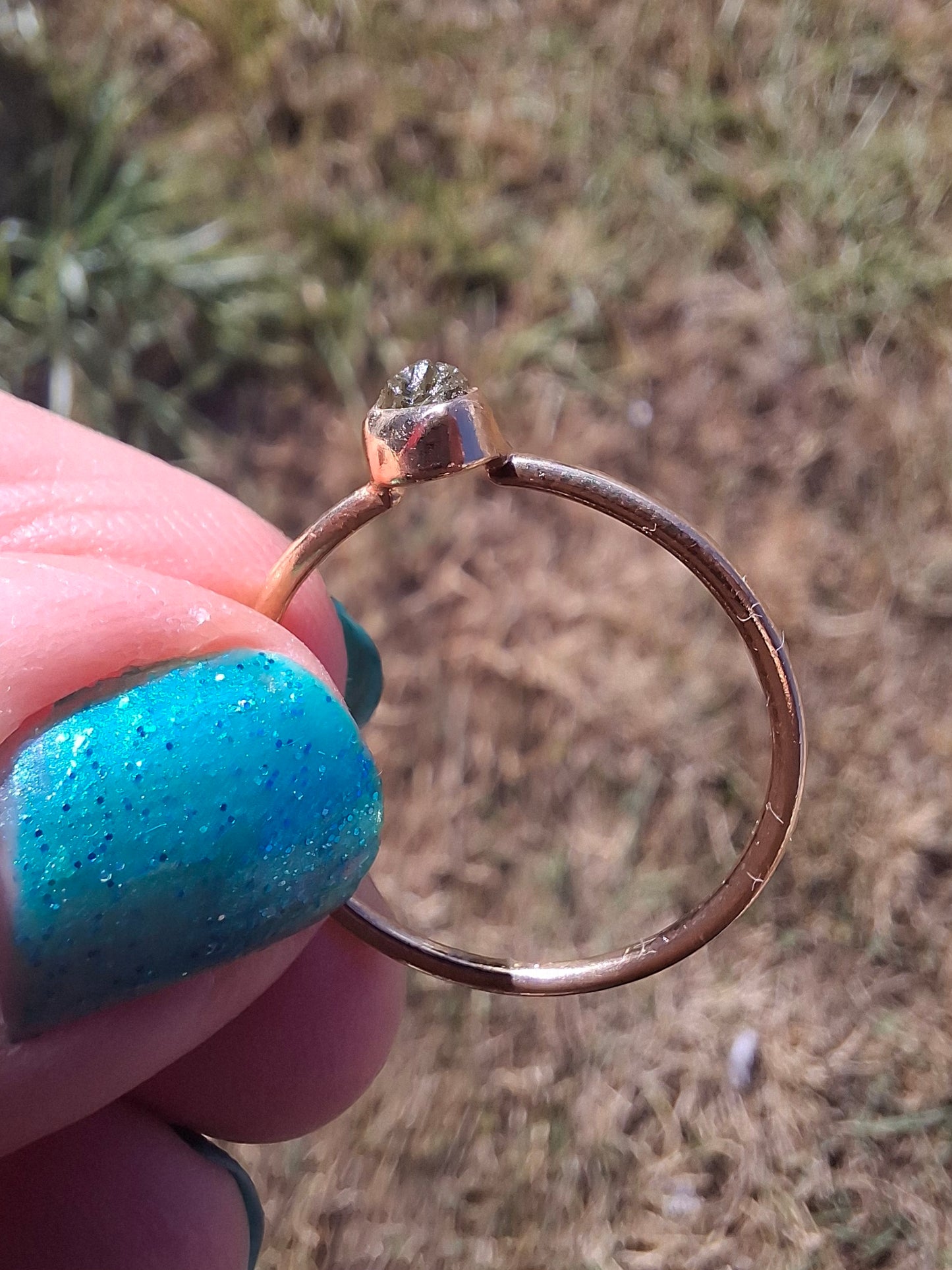 Moldavite Ring, 14K GOLD Plated, size large T, Tektite (Ref: R350)
