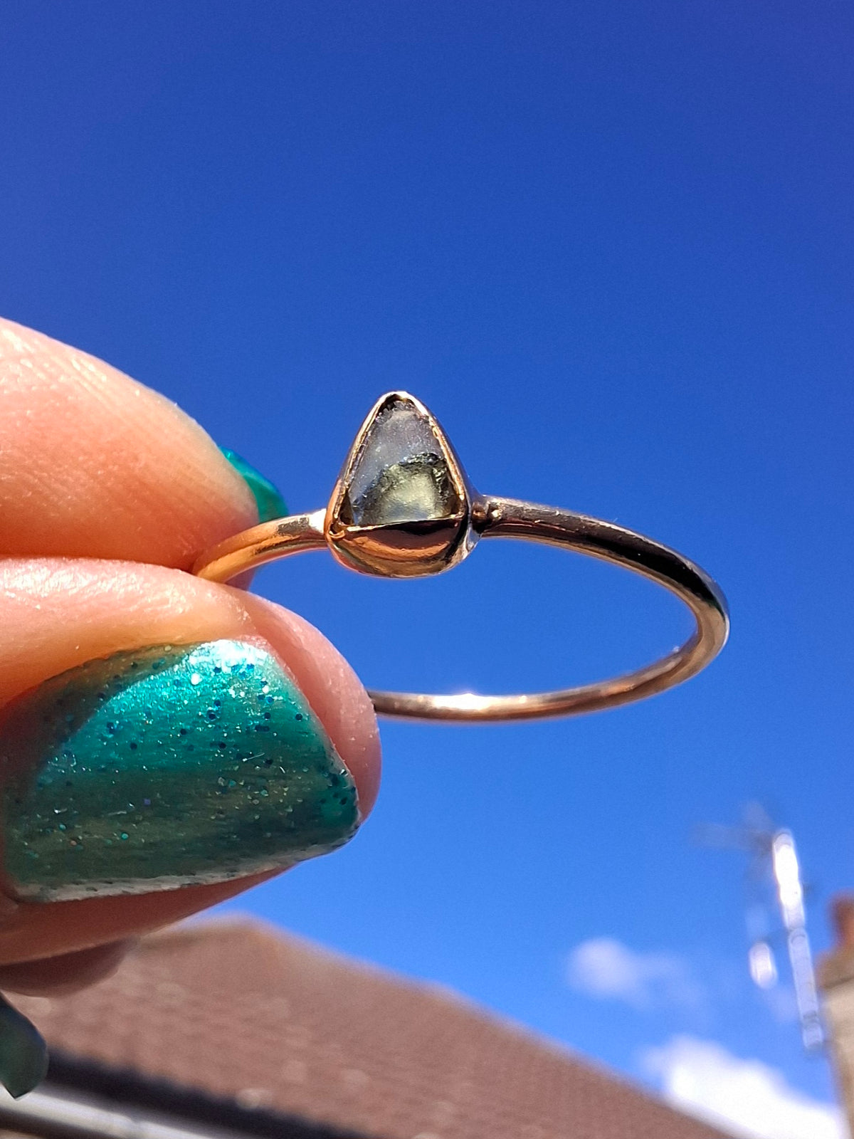 Moldavite Ring, 14K GOLD Plated, size large T, Tektite (Ref: R349)