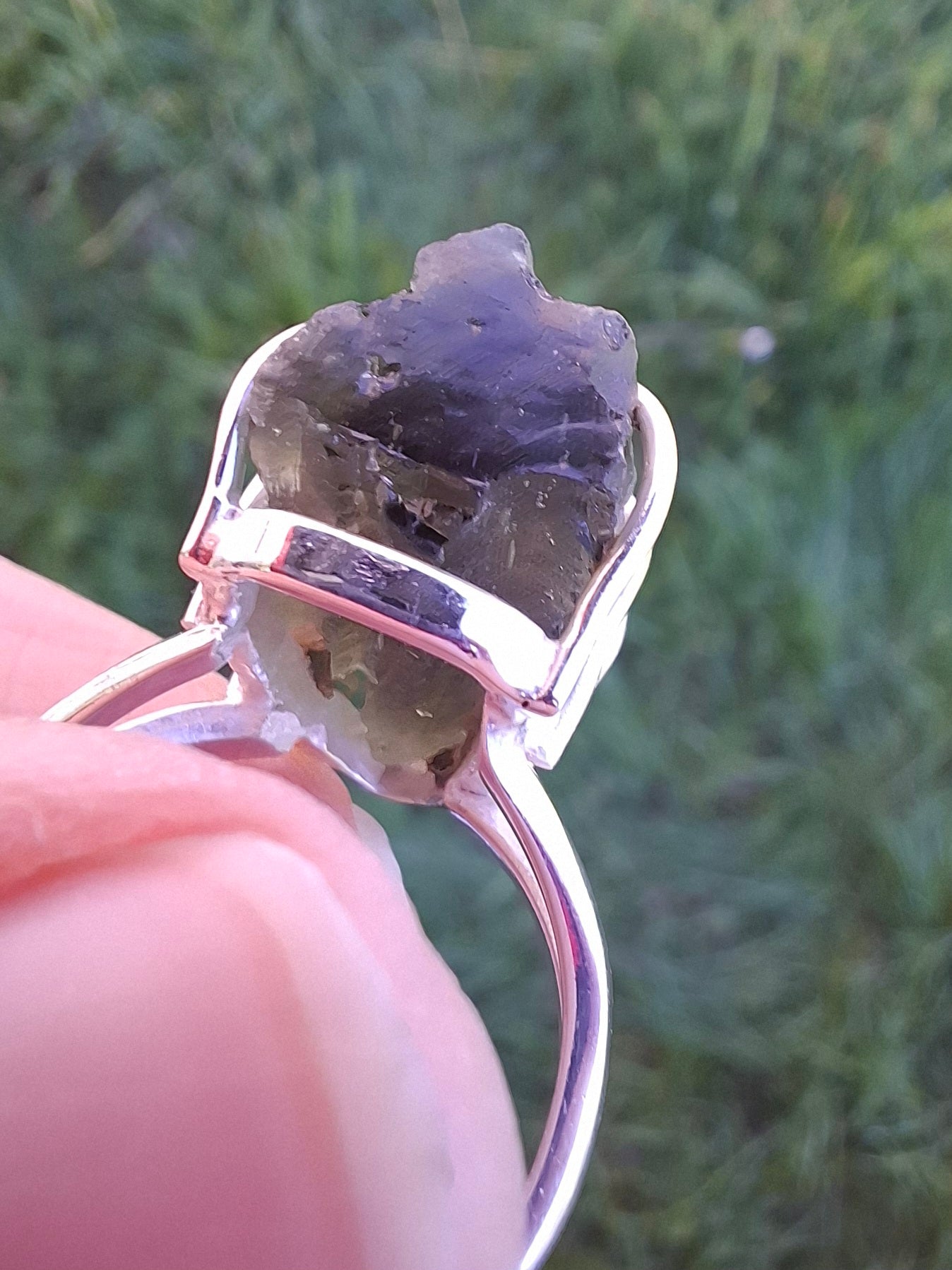 Moldavite Ring, size O, 925 Silver, Tektite (Ref: R8)