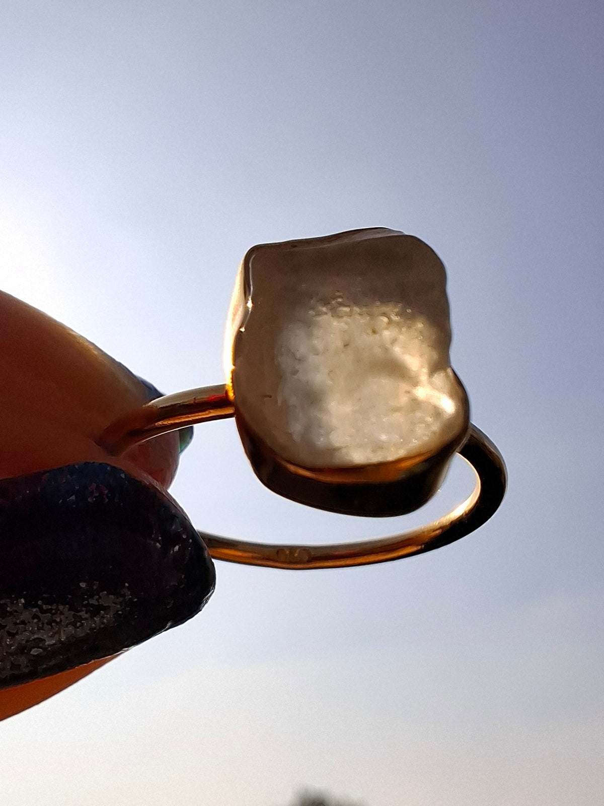Libyan Desert Glass Ring, 14K GOLD Plated, size large N, Tektite (Ref: LR79)