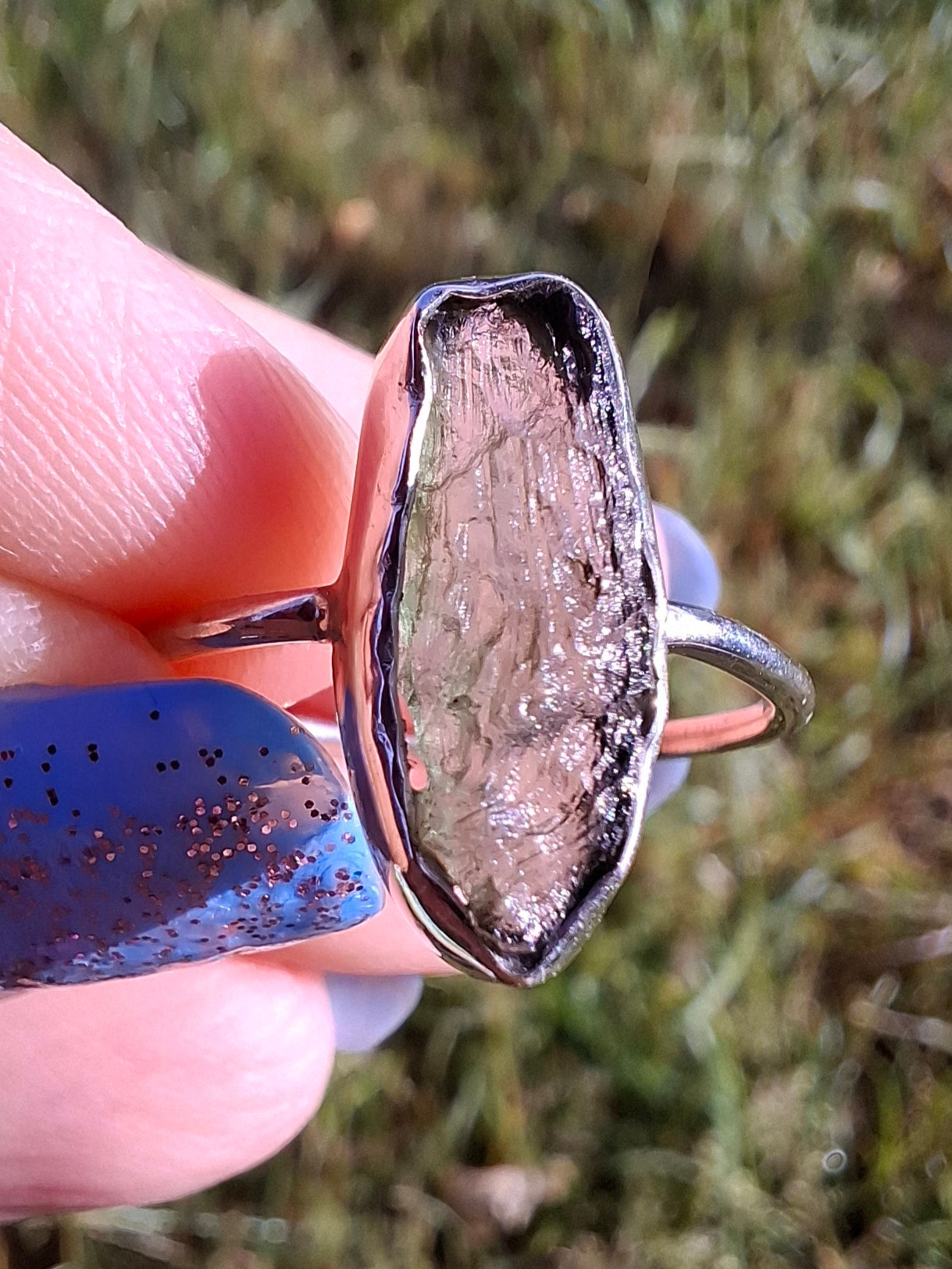 Moldavite Ring, size large R, 925 Silver, Tektite (Ref: R27)
