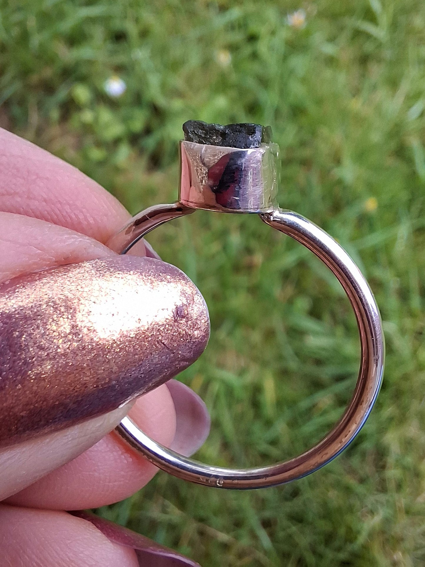 Moldavite Ring, size small W, 925 Silver, Tektite (Ref: R59)