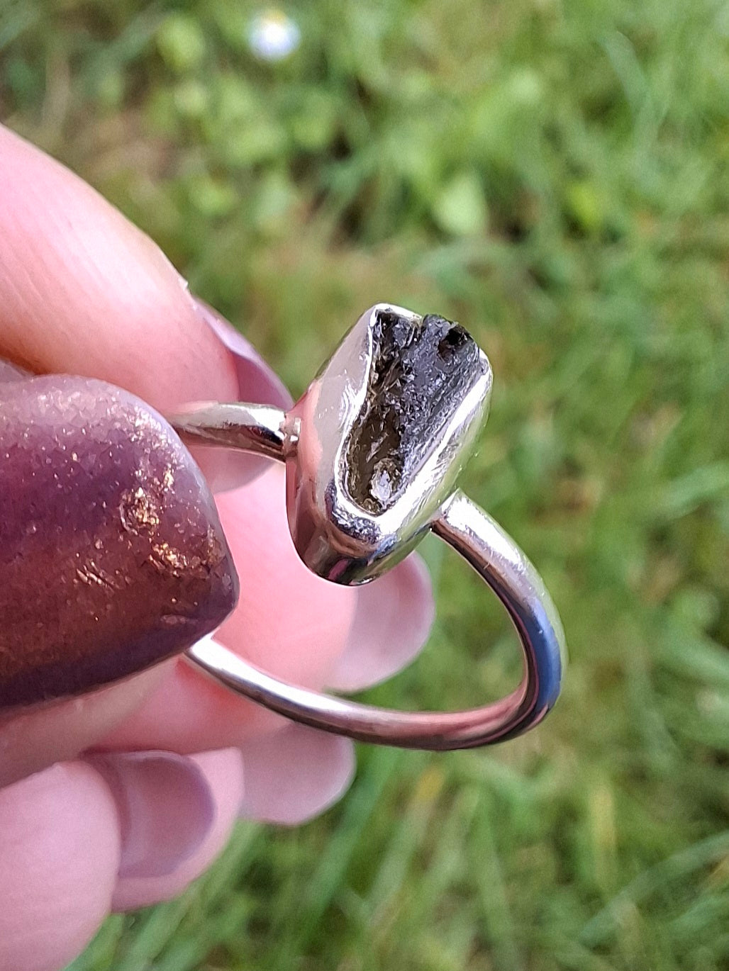 Moldavite Ring, size large K/small L, 925 Silver, Tektite (Ref: R58)