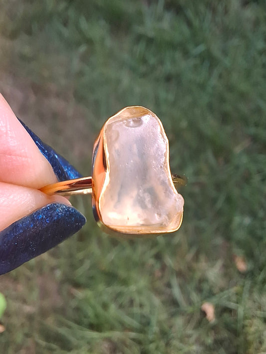 Libyan Desert Glass Ring, 14K GOLD Plated, size O, Tektite (Ref: LR65)