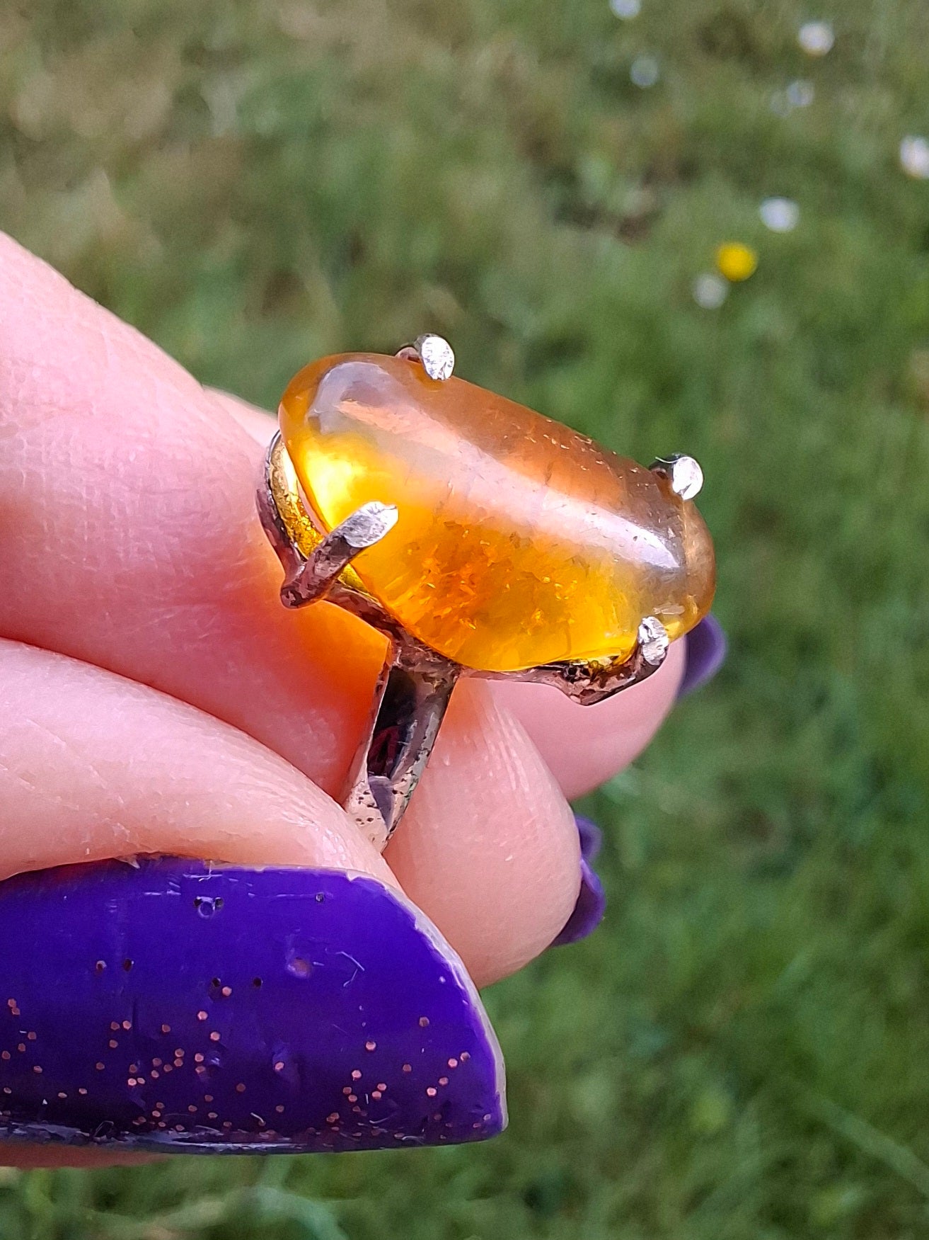 Baltic Amber Ring, size large T, 925 Silver, Fossil (Ref: AR18)