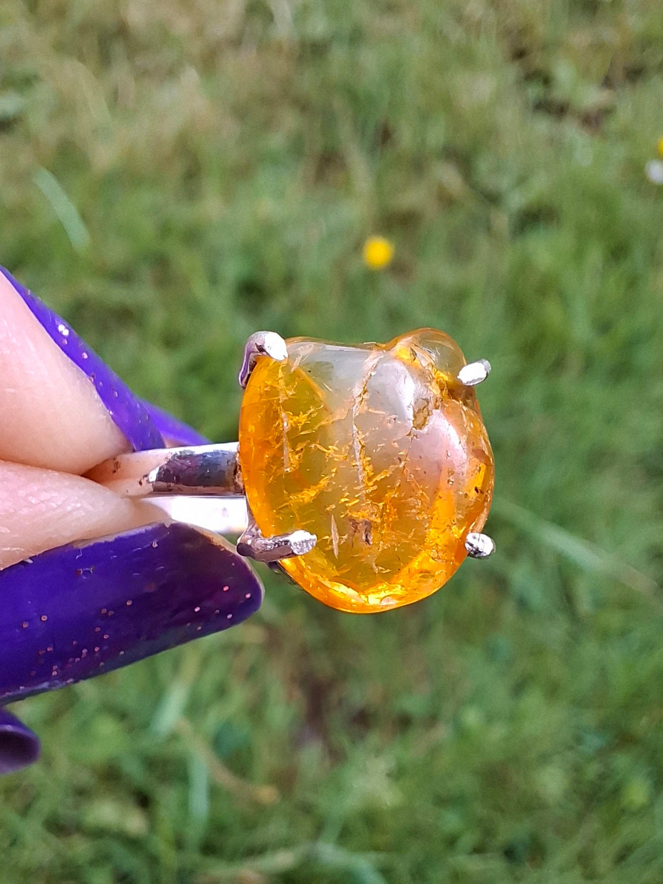 Baltic Amber Ring, size large Q, 925 Silver, Fossil (Ref: AR14)