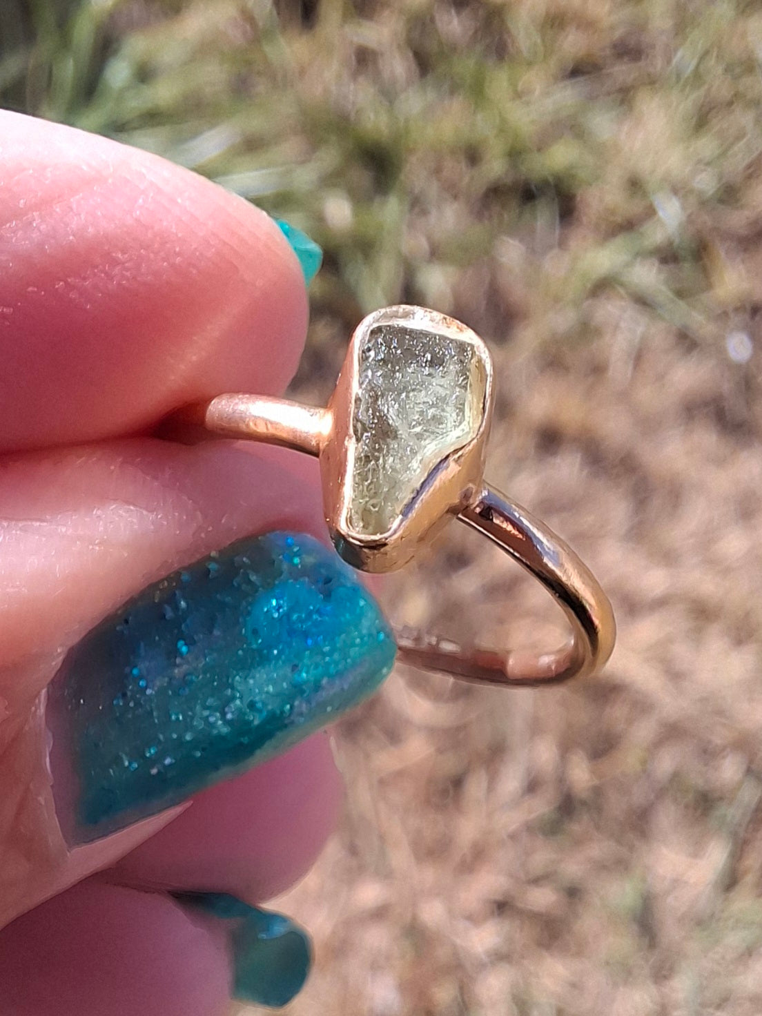 Moldavite Ring, 14K GOLD Plated, size large J, Tektite (Ref: R338)