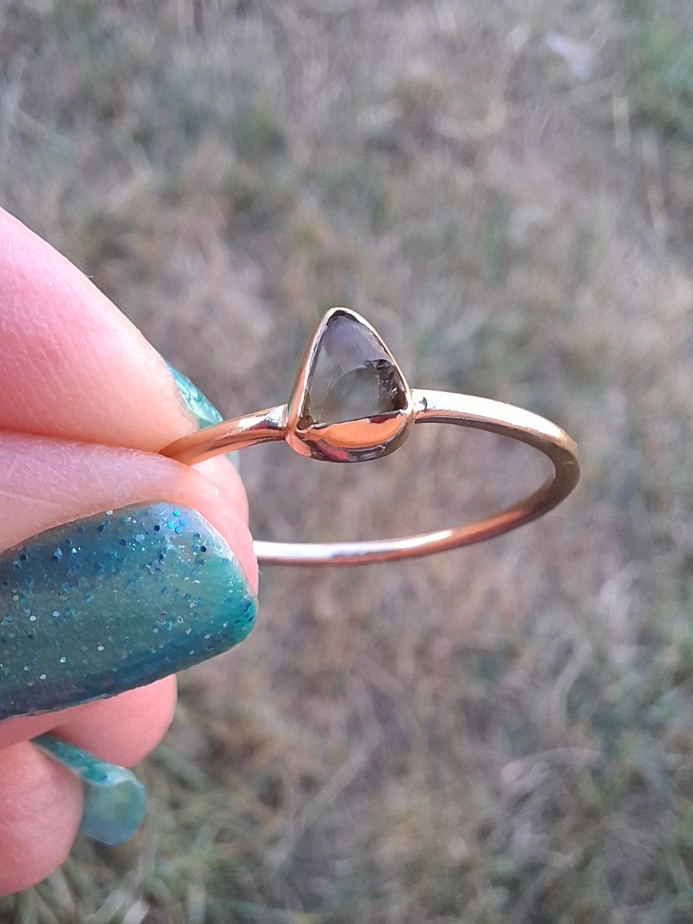 Moldavite Ring, 14K GOLD Plated, size large T, Tektite (Ref: R349)