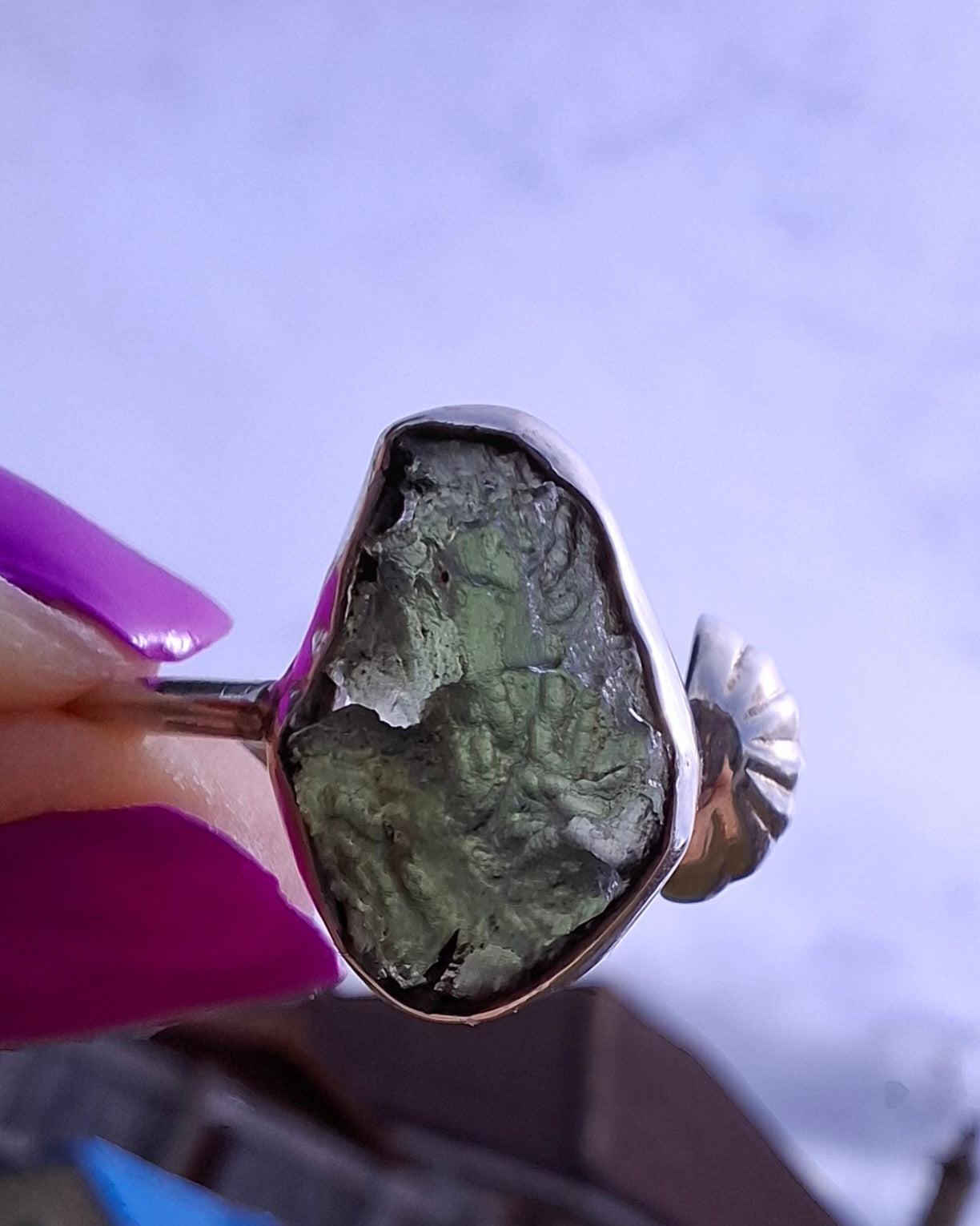 Moldavite ADJUSTABLE Ring, size large R, 925 Silver, Tektite (Ref: AR49)