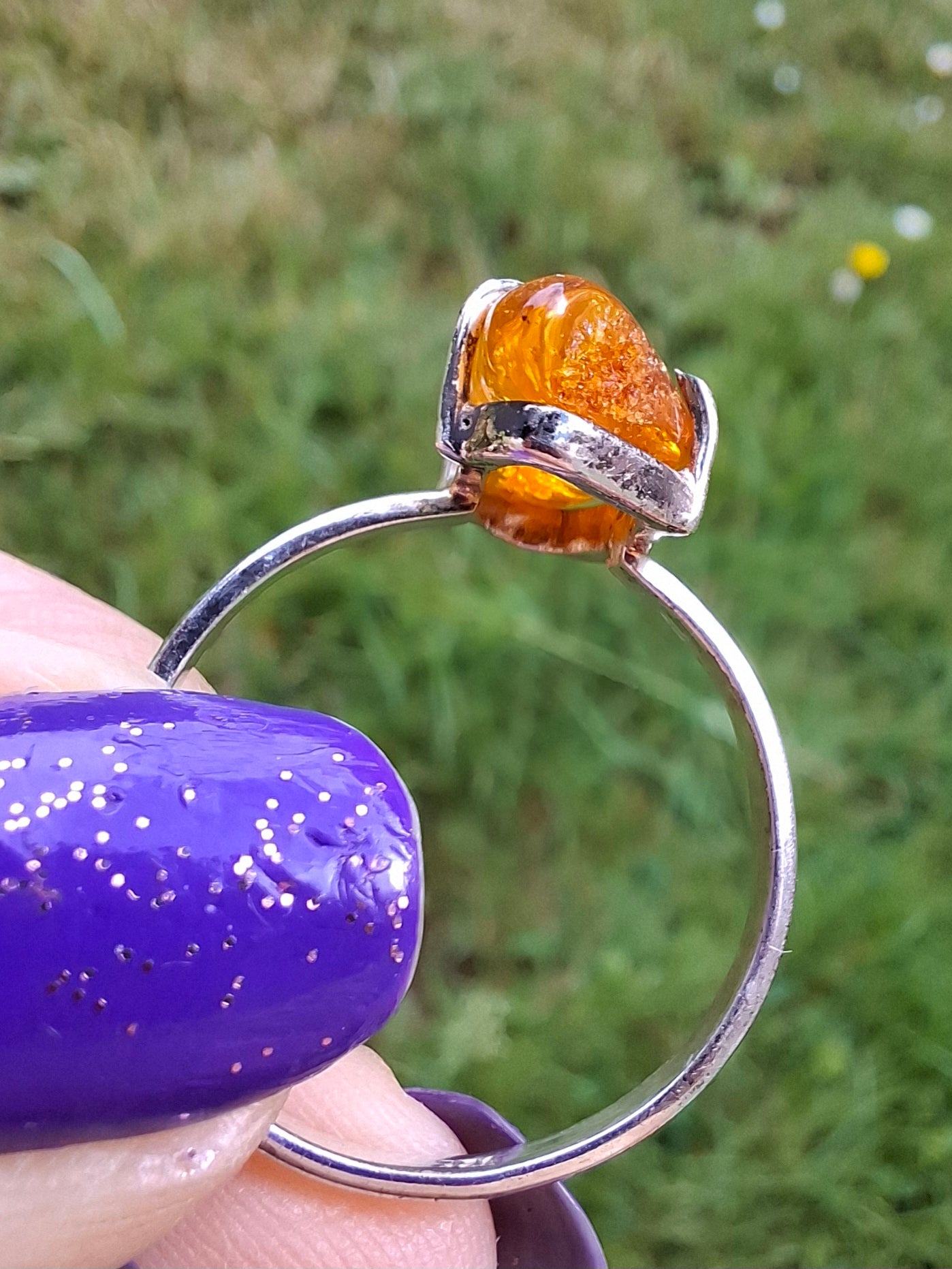 Baltic Amber Ring, size large T/small U, 925 Silver, Fossil (Ref: AR19)