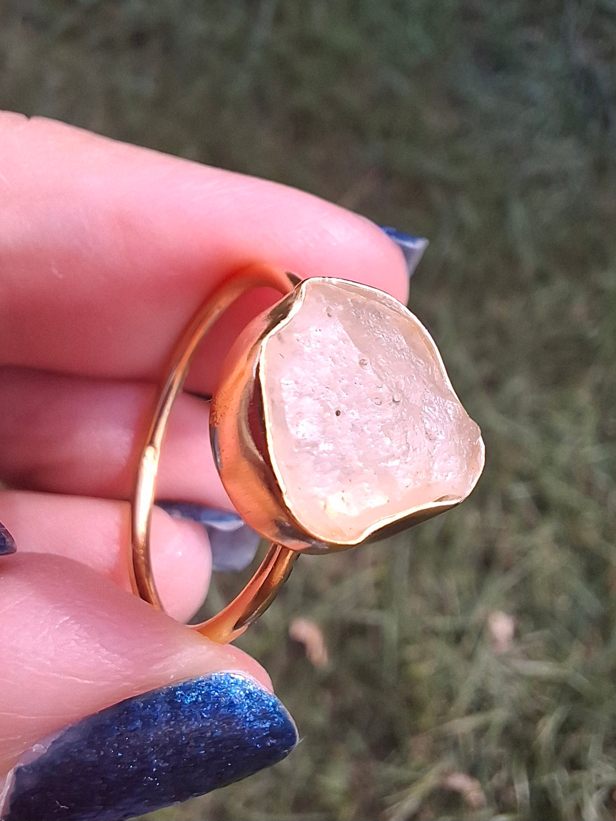 Libyan Desert Glass Ring, 14K GOLD Plated, size large R, Tektite (Ref: LR76)