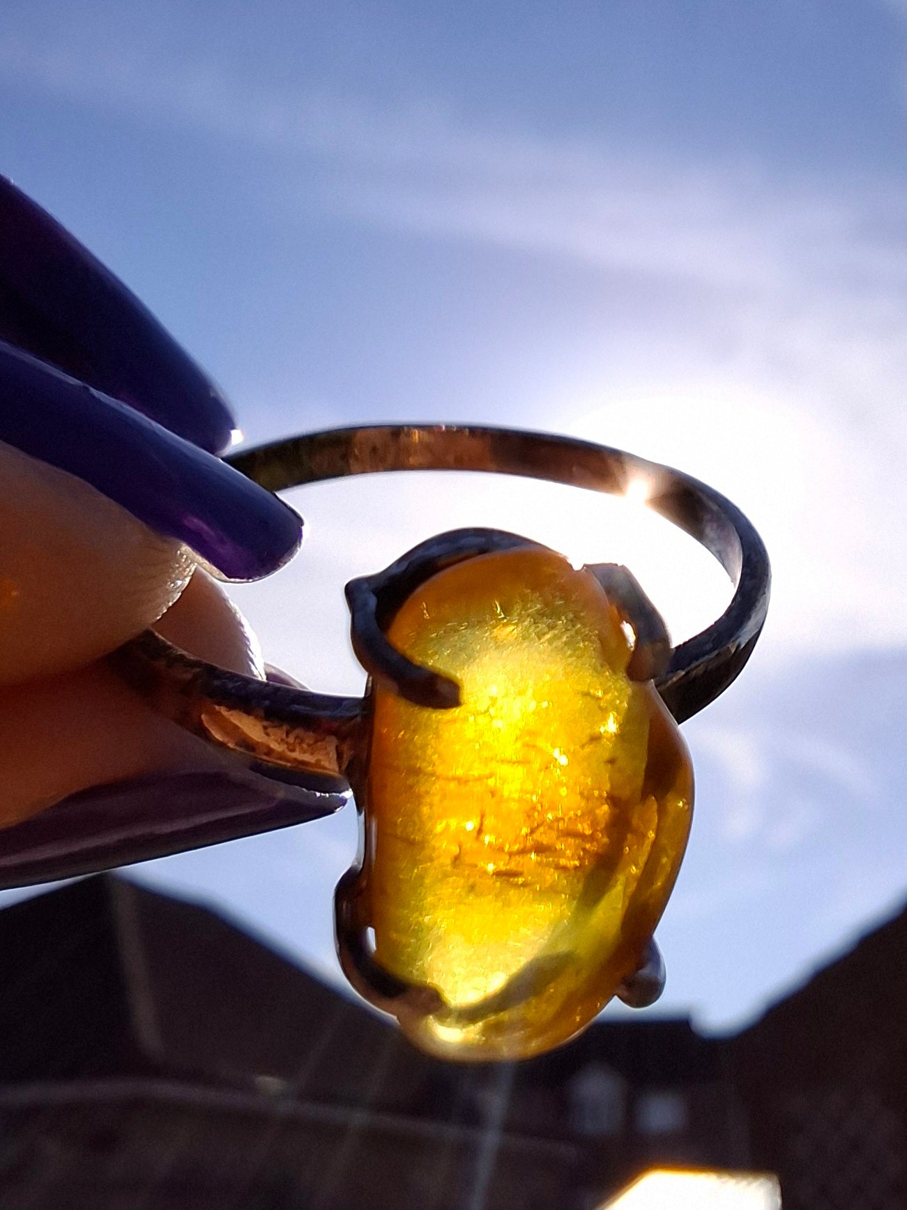 Baltic Amber Ring, size large T, 925 Silver, Fossil (Ref: AR18)