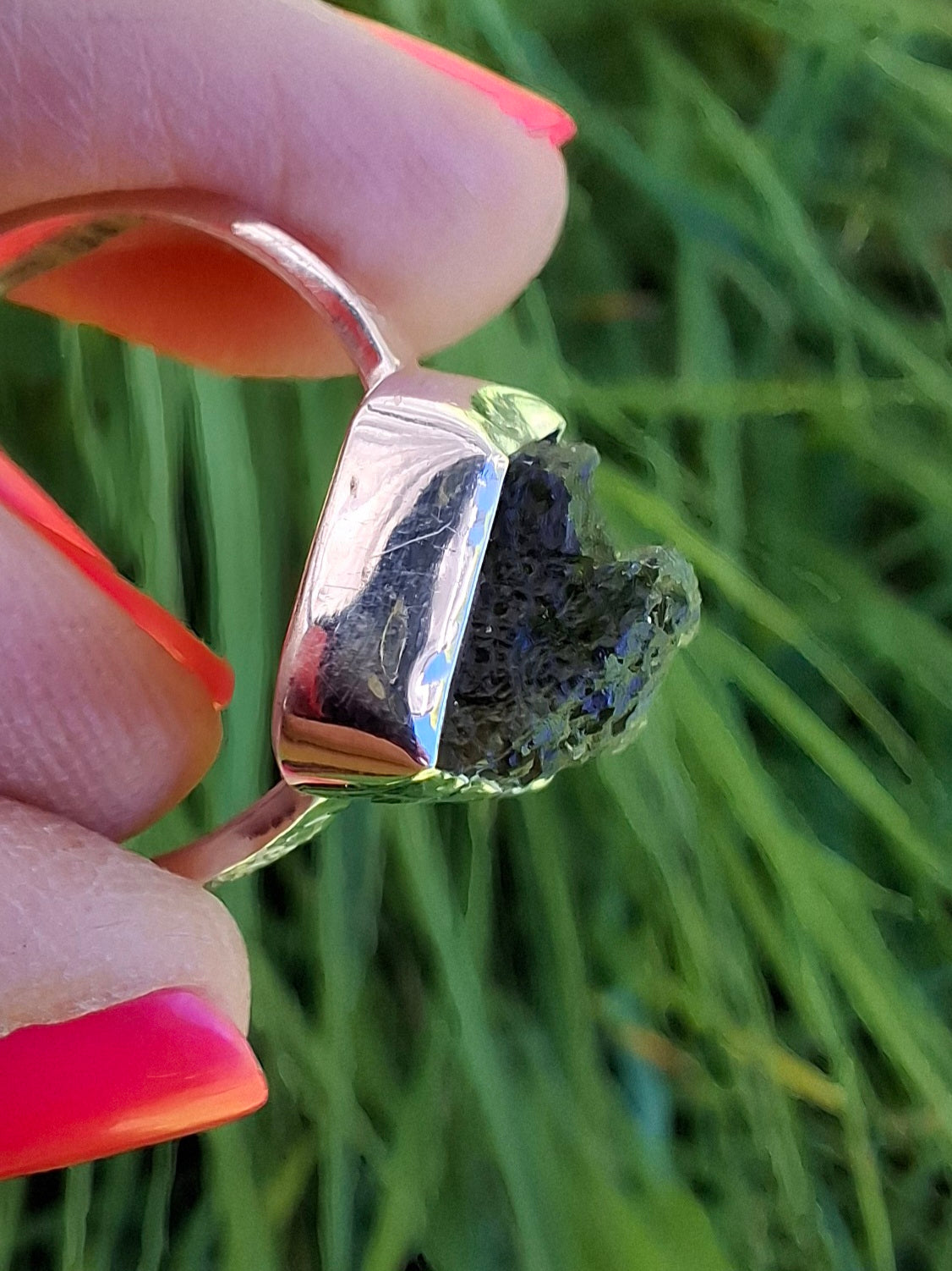 Moldavite Ring, size large R/small S, 925 Silver, Tektite (Ref: R319)