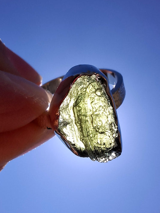 Moldavite Ring, size large R/small S, 925 Silver, Tektite (Ref: R319)