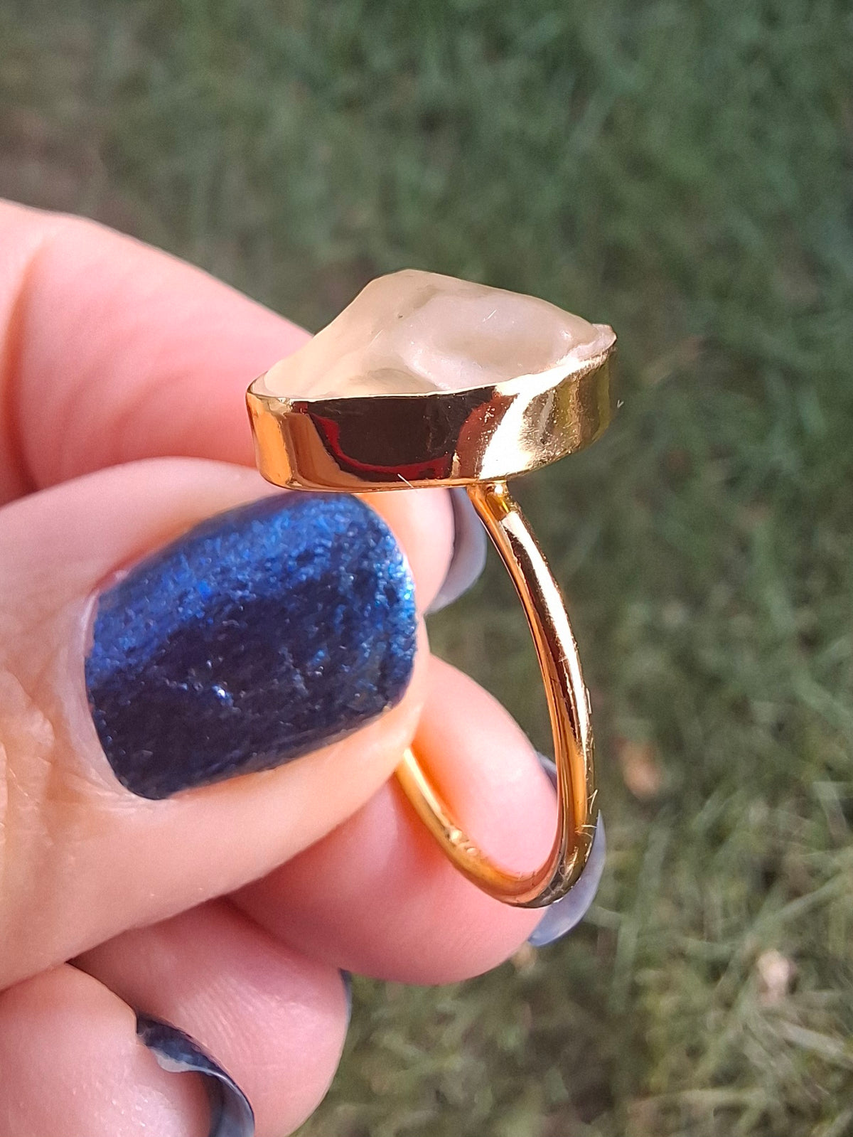 Libyan Desert Glass Ring, 14K GOLD Plated, size large P/small Q, Tektite (Ref: LR73)