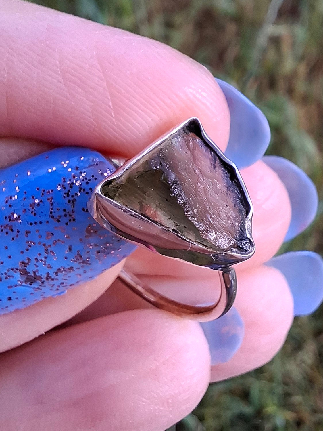 Moldavite Ring, size large J, 925 Silver, Tektite (Ref: R20)