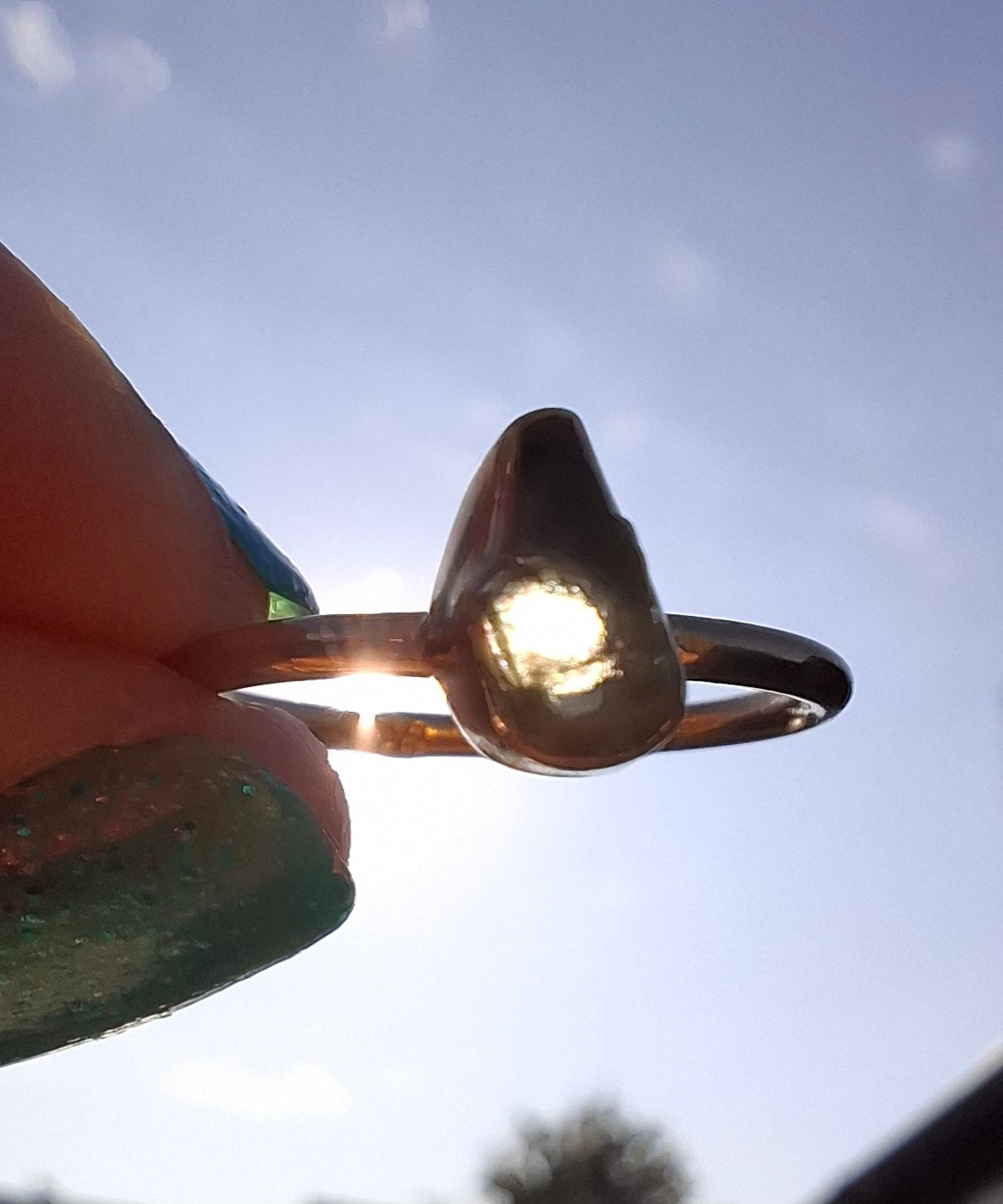 Moldavite Ring, 14K GOLD Plated, size large J, Tektite (Ref: R338)