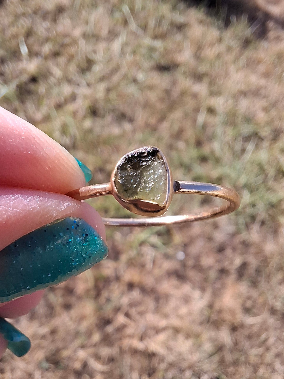 Moldavite Ring, 14K GOLD Plated, size U, Tektite (Ref: R348)