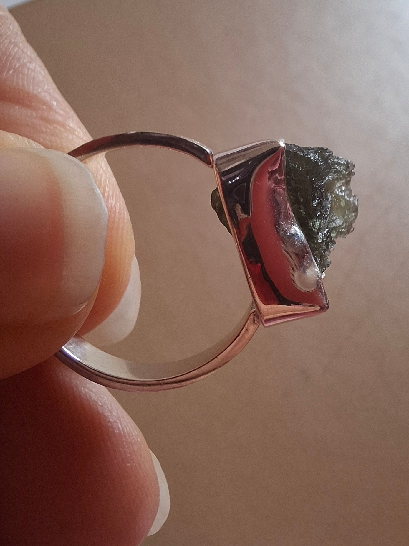Moldavite Ring, size K, 925 Silver, Tektite (Ref: R302)