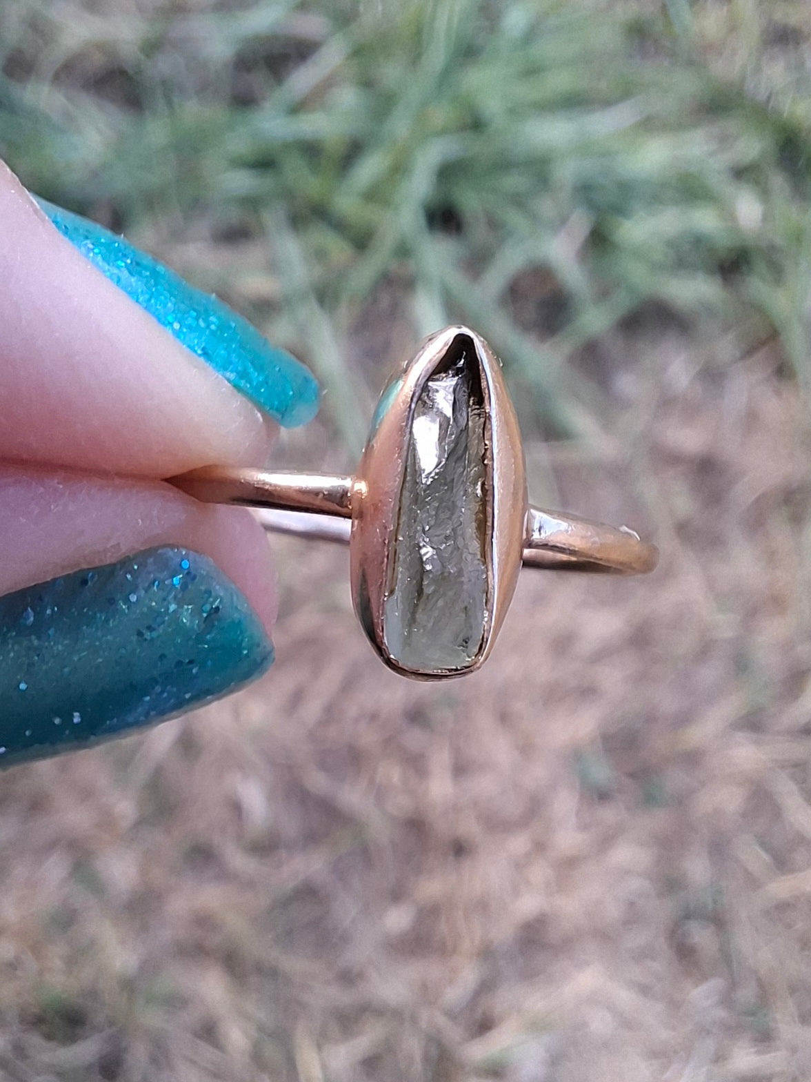 Moldavite Ring, 14K GOLD Plated, size large K / small L, Tektite (Ref: R335)