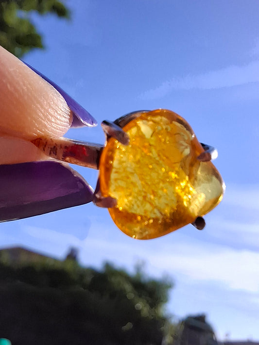 Baltic Amber Ring, size large R, 925 Silver, Fossil (Ref: AR17)