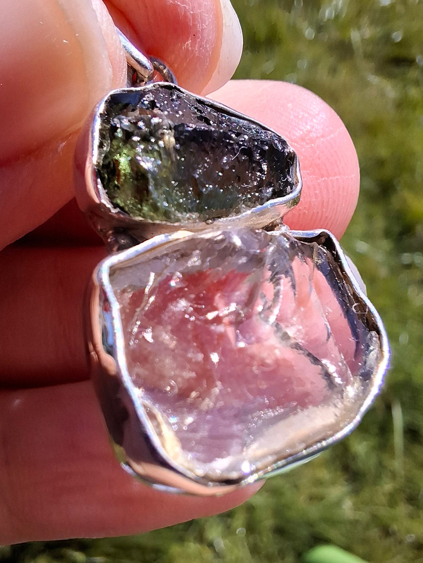 Moldavite & Libyan Desert Glass Pendant, 925 Silver, Tektite (Ref: MLP14)
