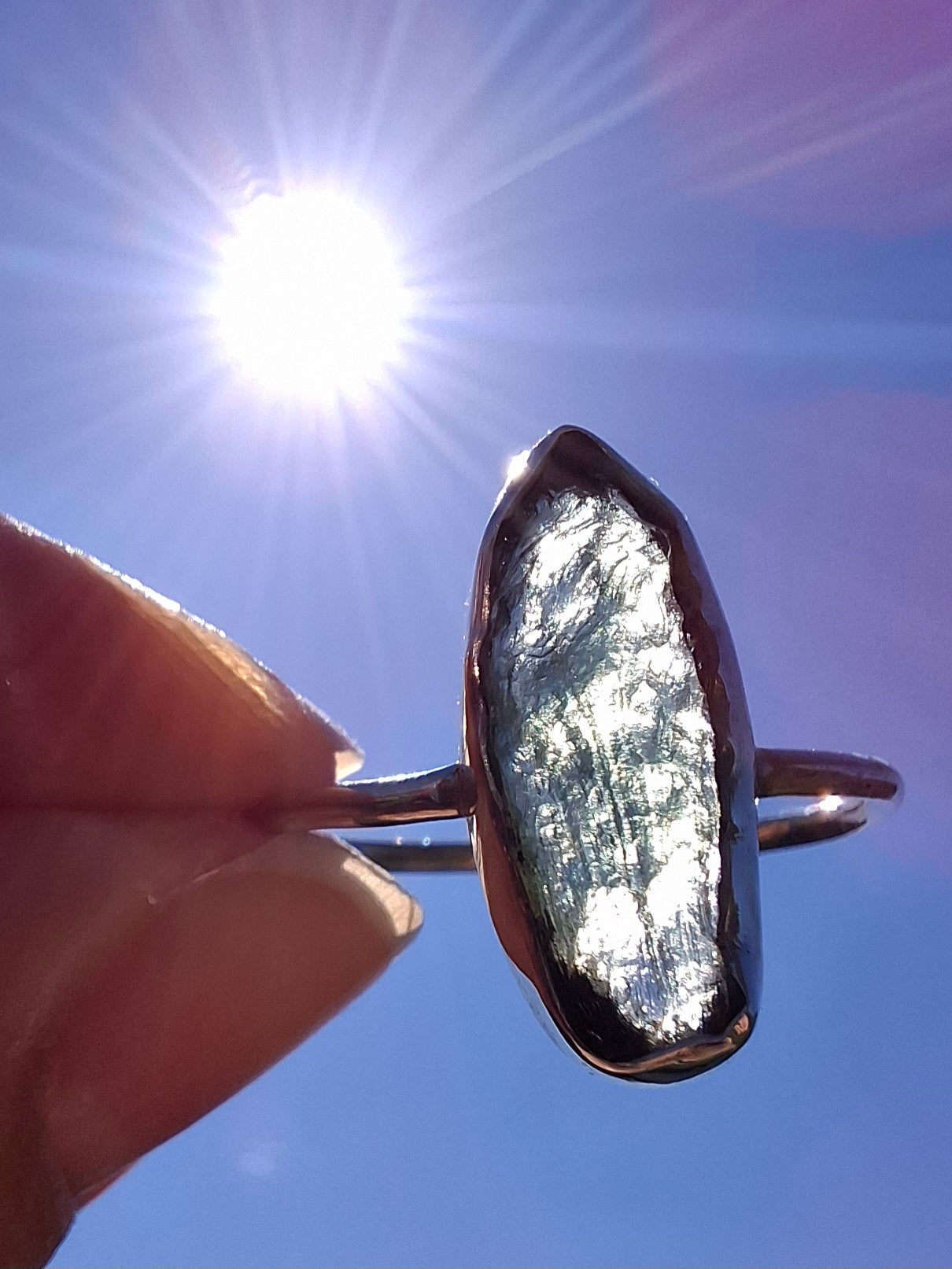 Moldavite Ring, size large R, 925 Silver, Tektite (Ref: R27)