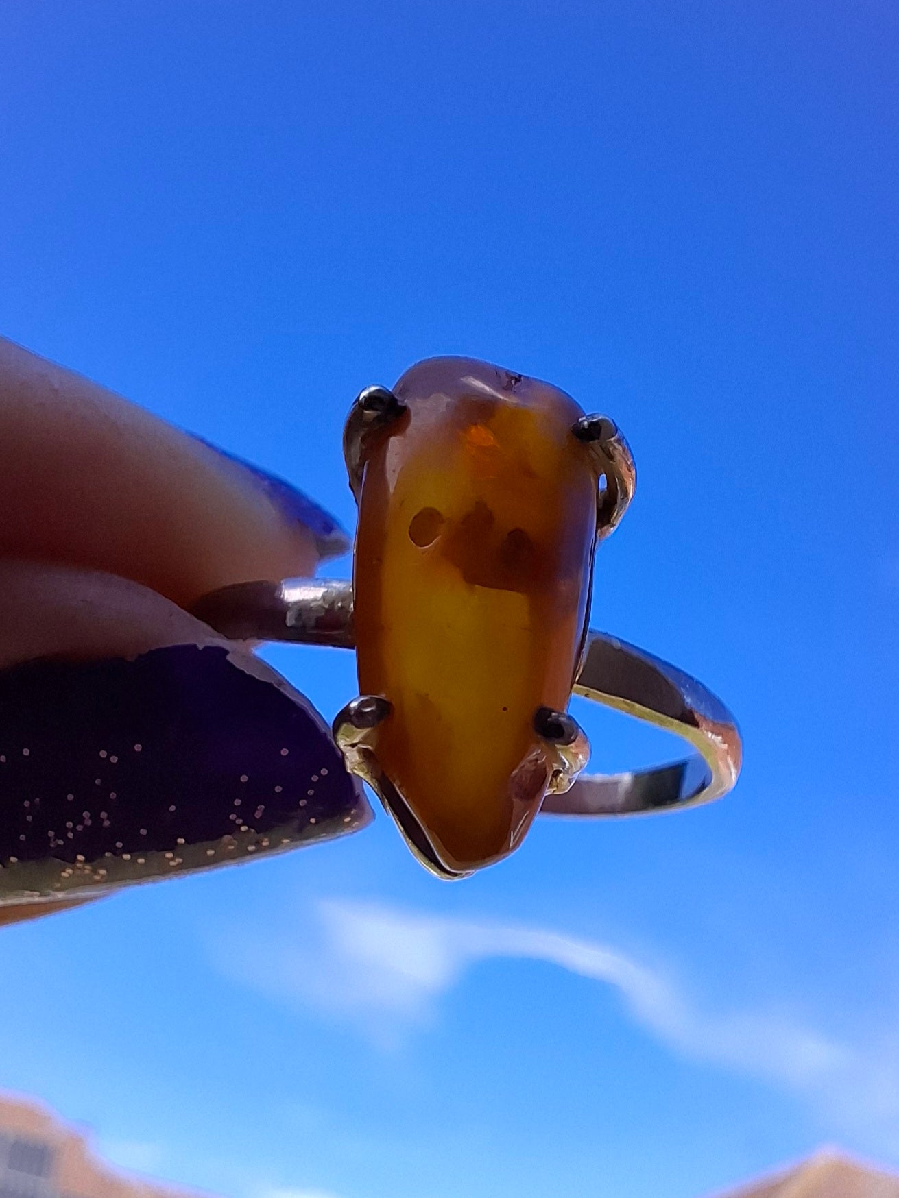 Baltic Amber Ring, size large V, 925 Silver, Fossil (Ref: AR23)