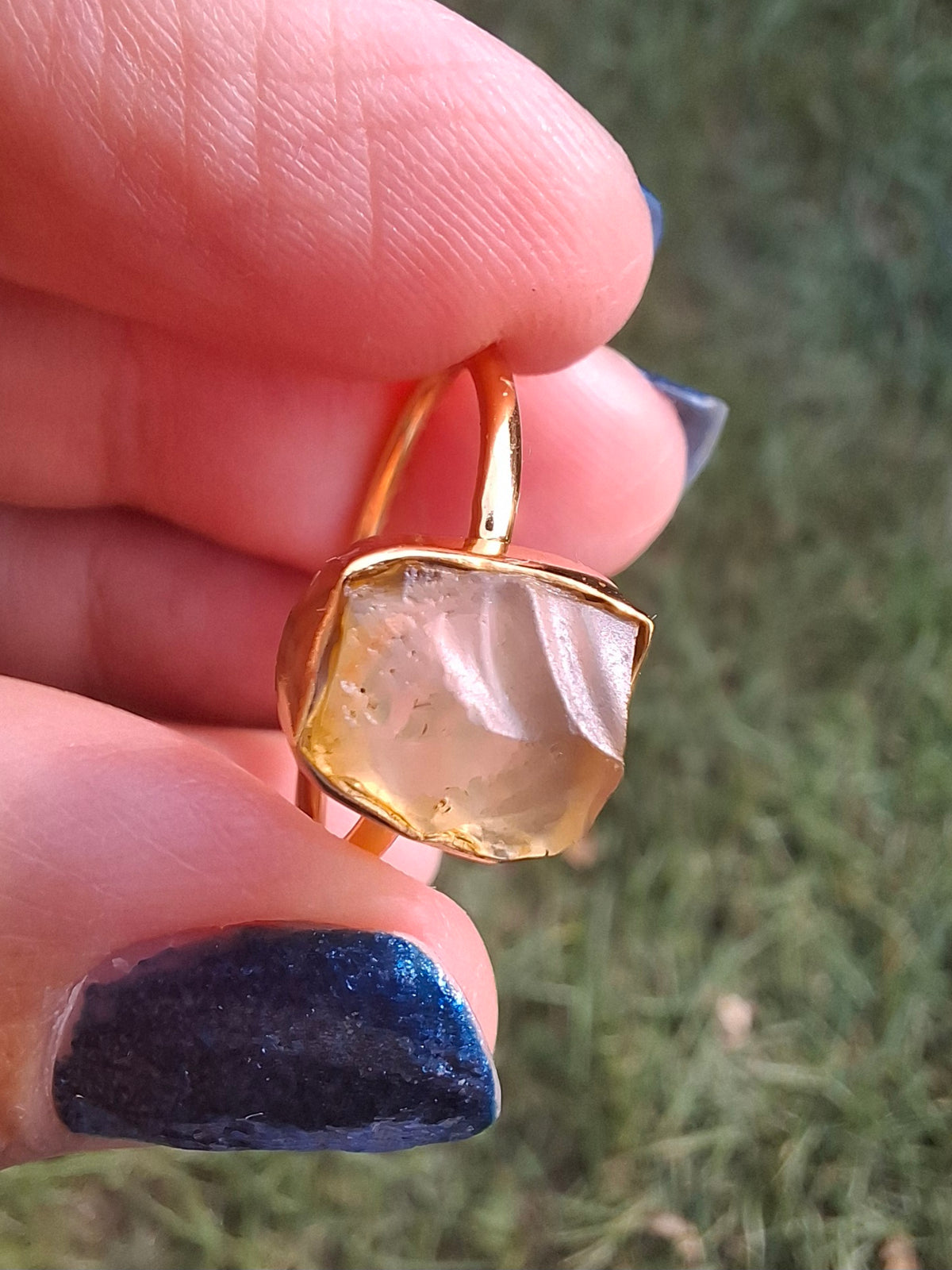 Libyan Desert Glass Ring, 14K GOLD Plated, size large S, Tektite (Ref: LR72)