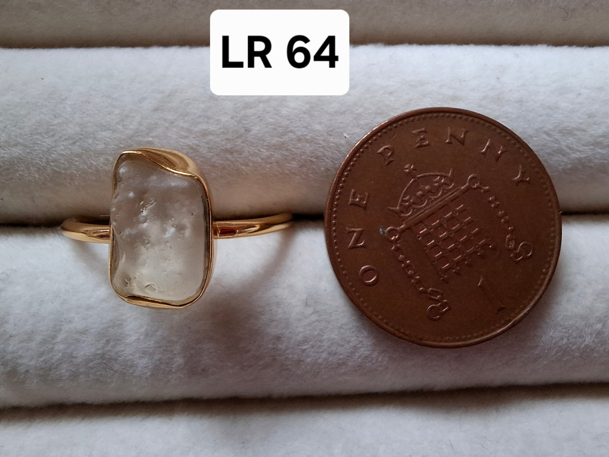 Libyan Desert Glass Ring, 14K GOLD Plated, size large Q, Tektite (Ref: LR64)