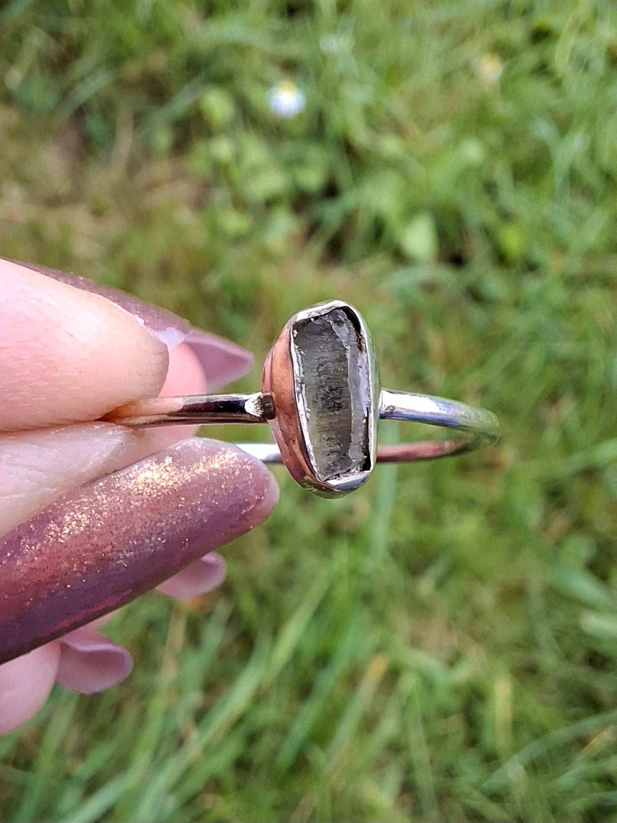 Moldavite Ring, size large T/small U, 925 Silver, Tektite (Ref: R71)