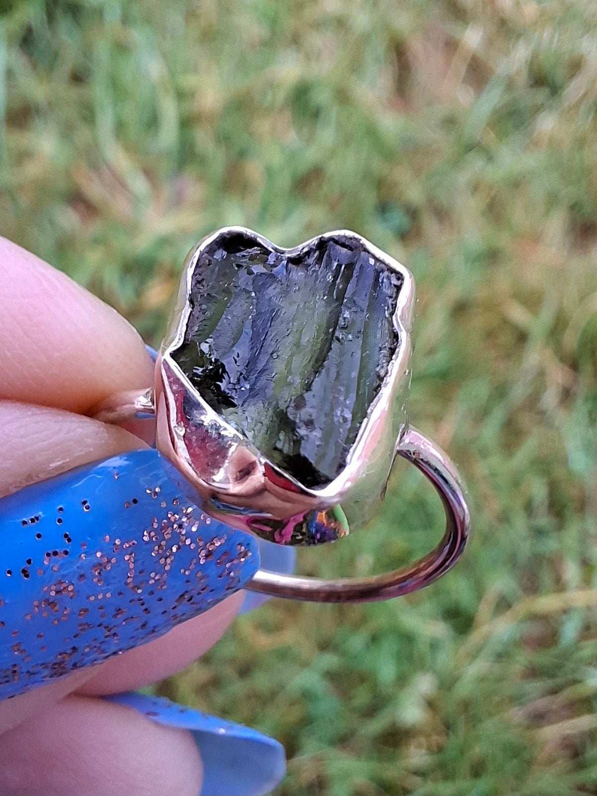 Moldavite Ring, size large N, 925 Silver, Tektite (Ref: R25)