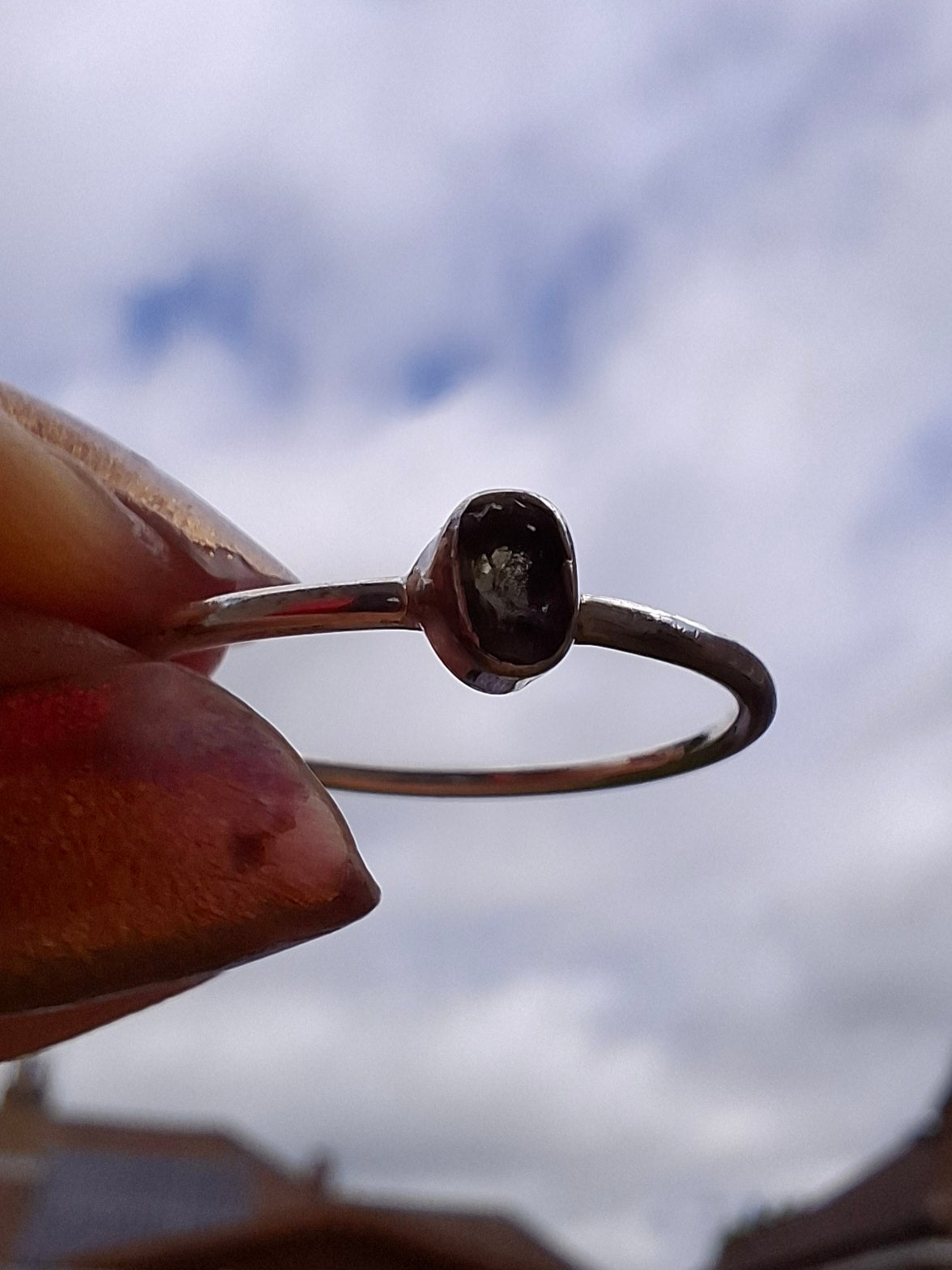 Moldavite Ring, size small P, 925 Silver, Tektite (Ref: R42)