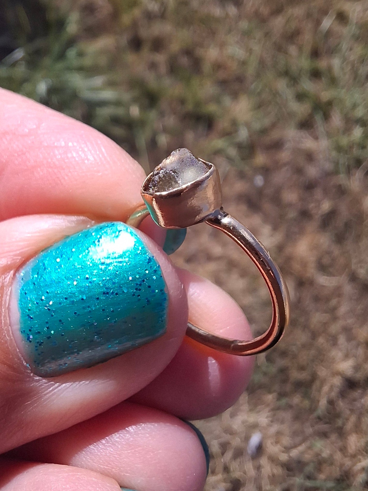 Moldavite Ring, 14K GOLD Plated, size large G / small H, Tektite (Ref: R334)