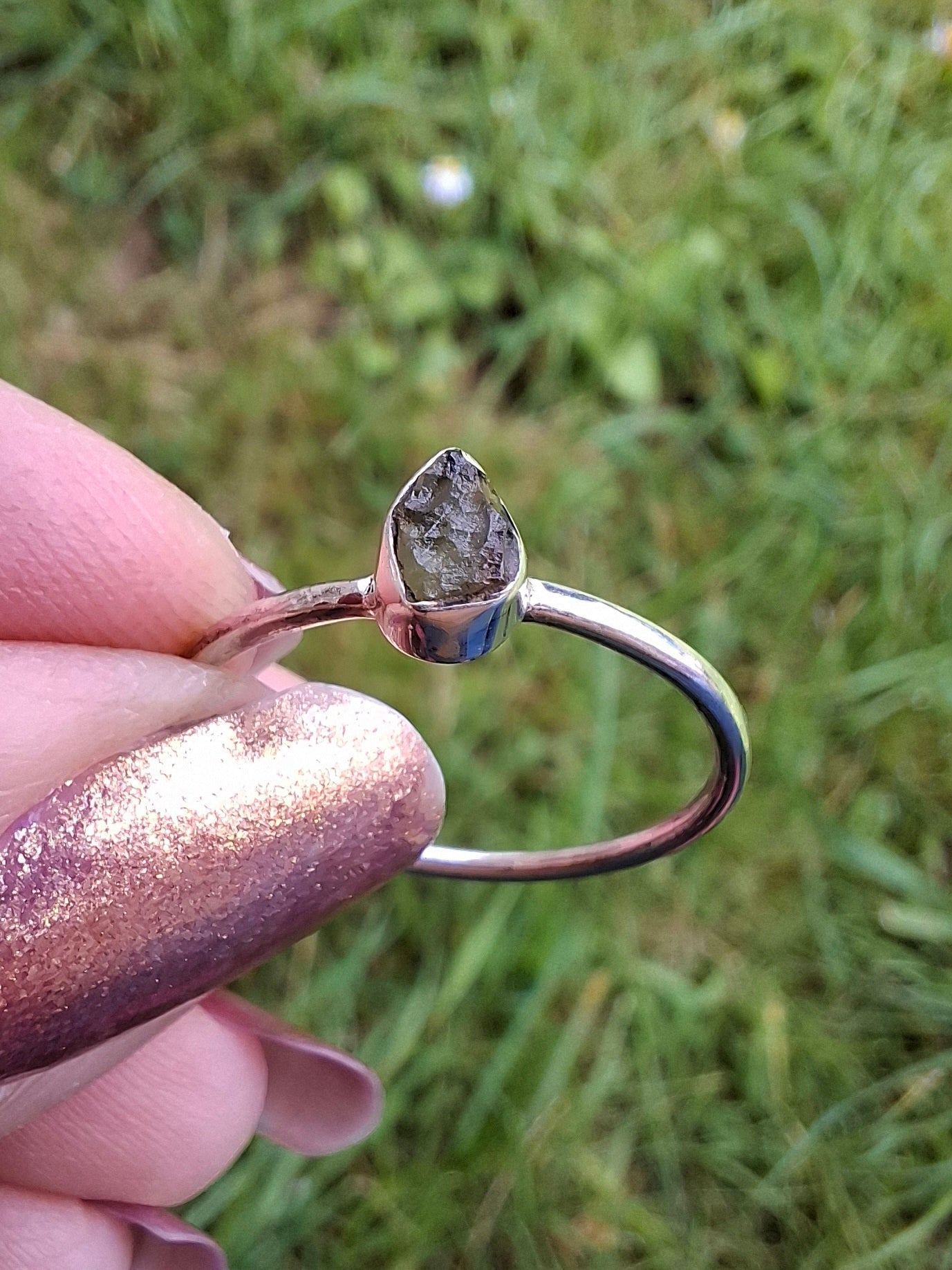 Moldavite Ring, size Q, 925 Silver, Tektite (Ref: R45)