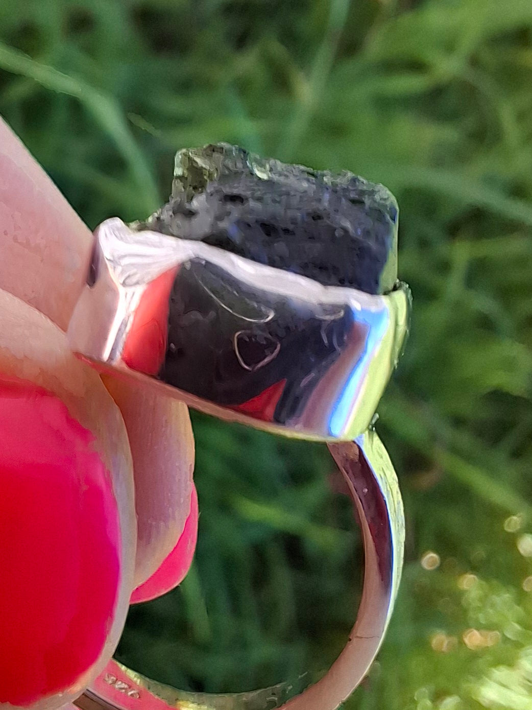 Moldavite Ring, size large G/small H, 925 Silver, Tektite (Ref: R293)
